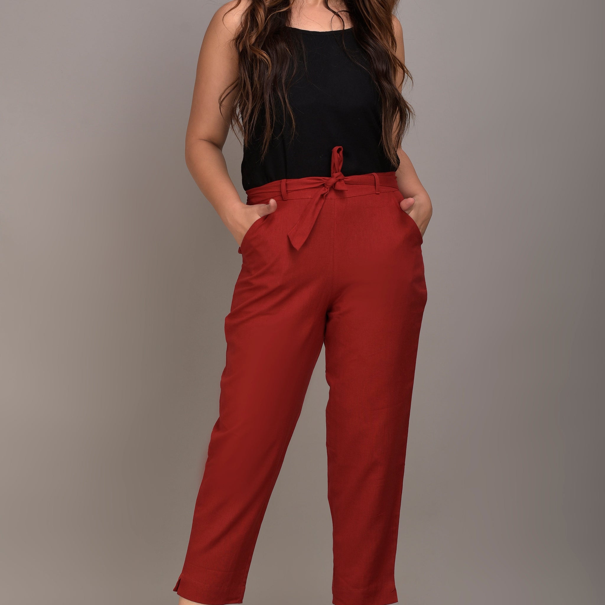 Women Regular Fit maroon Cotton Blend Trousers