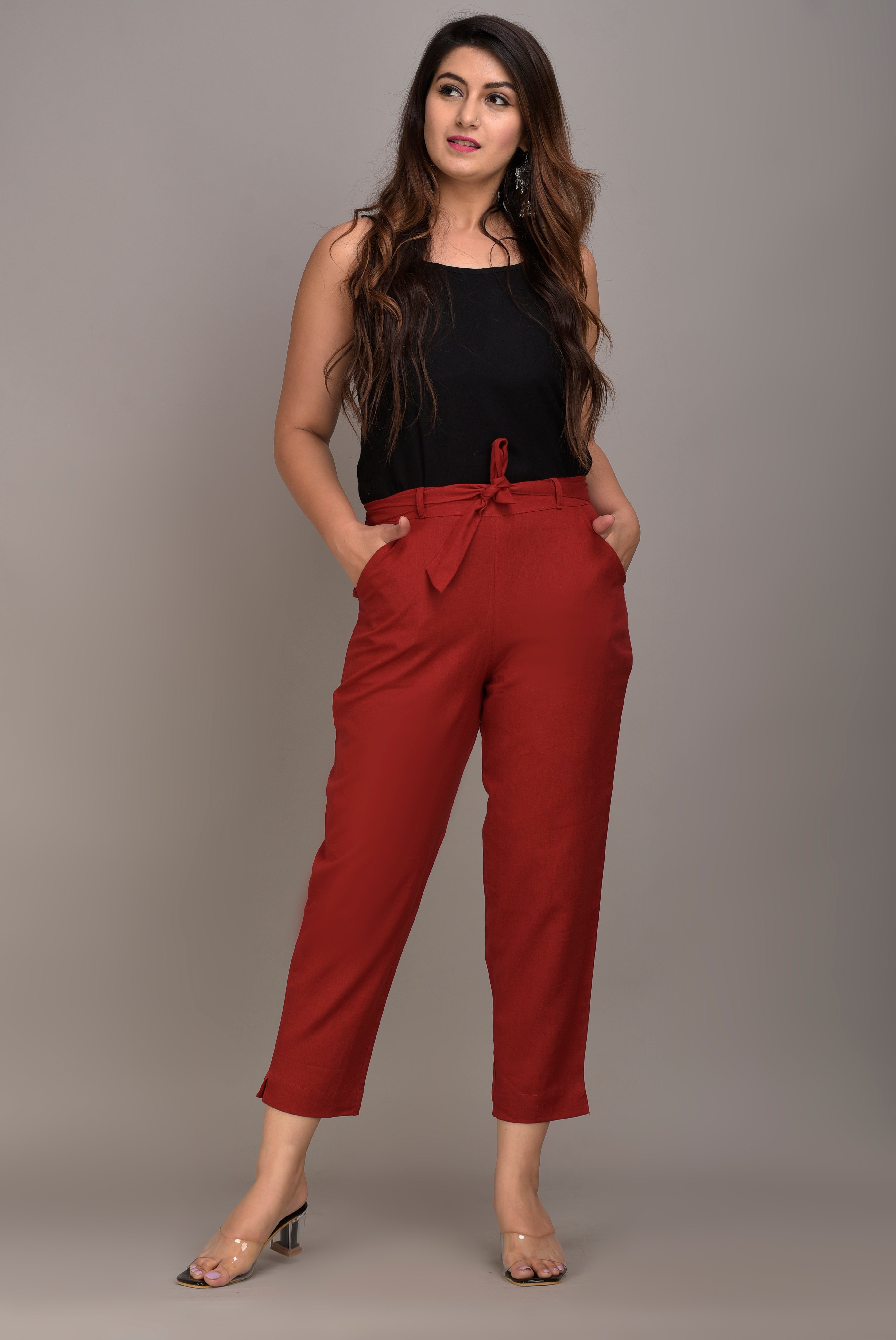 Women Regular Fit maroon Cotton Blend Trousers