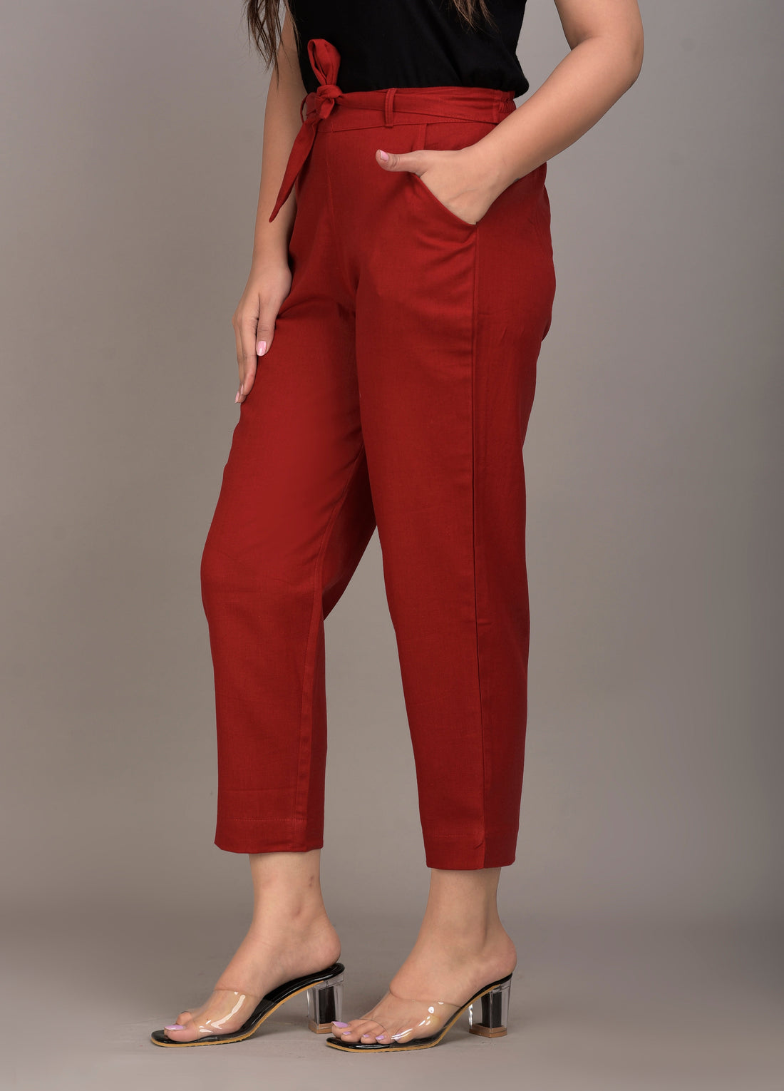 Women Regular Fit maroon Cotton Blend Trousers