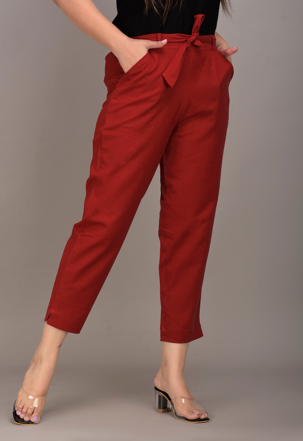 Women Regular Fit maroon Cotton Blend Trousers