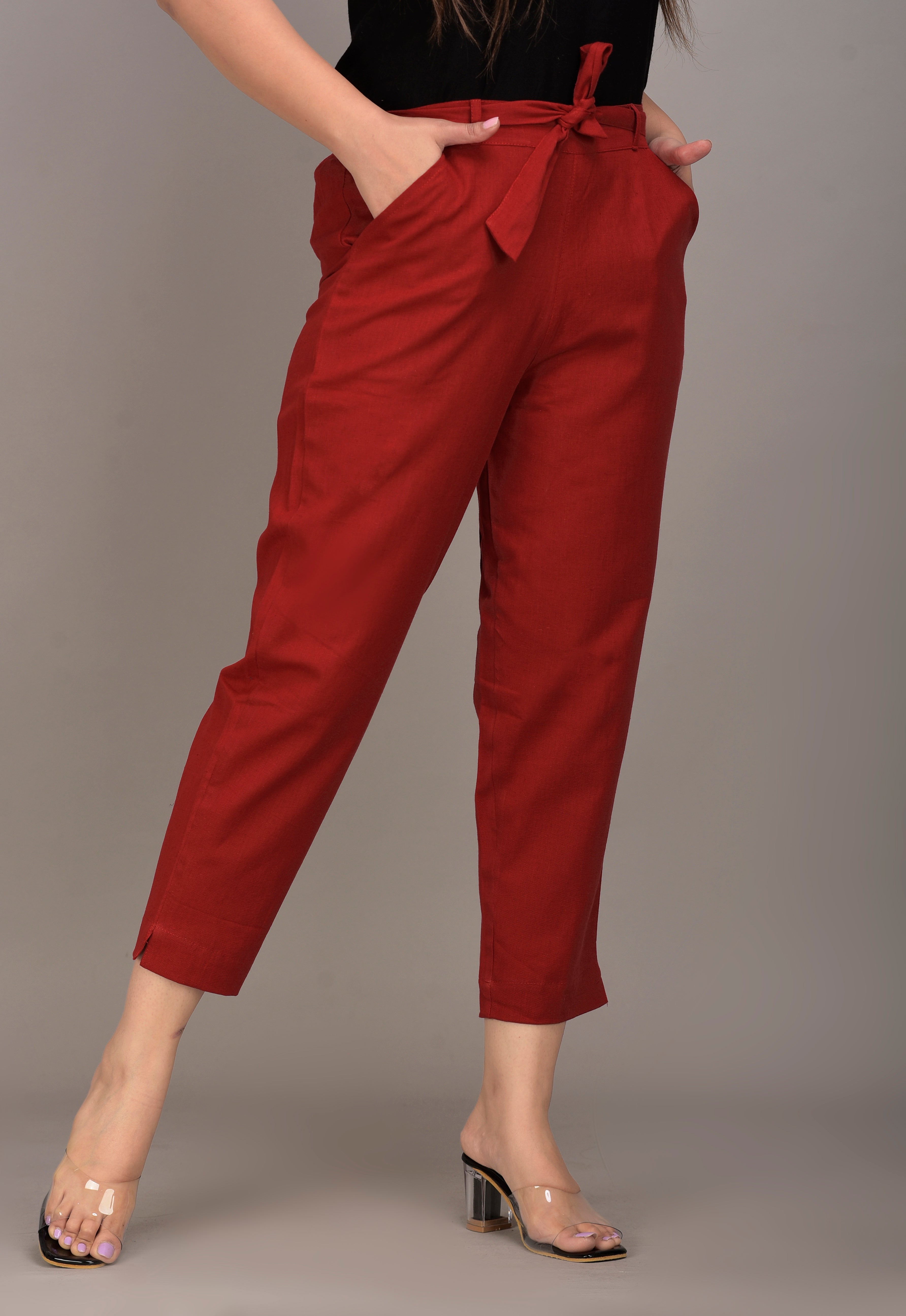 Women Regular Fit maroon Cotton Blend Trousers