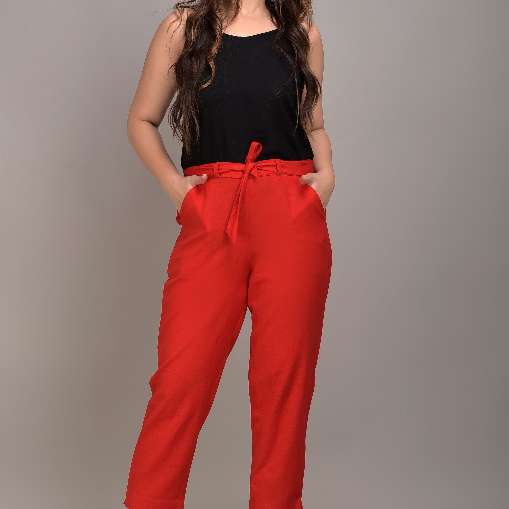 Women Regular Fit Red Cotton Blend Trousers