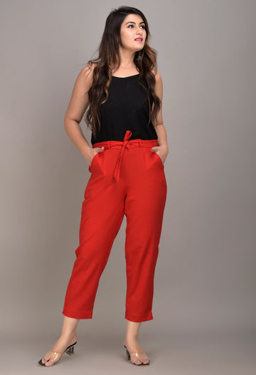 Women Regular Fit Red Cotton Blend Trousers