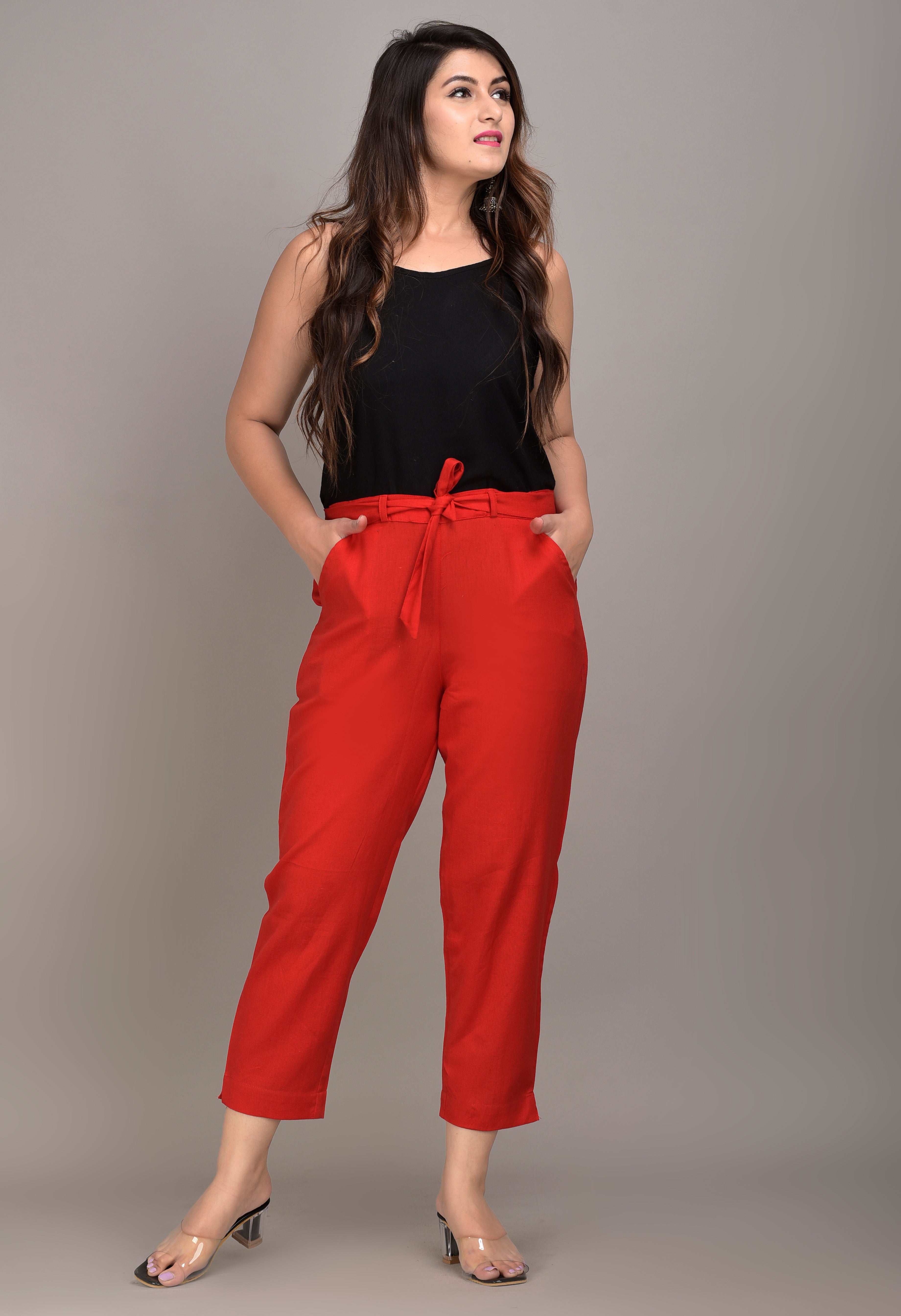Women Regular Fit Red Cotton Blend Trousers