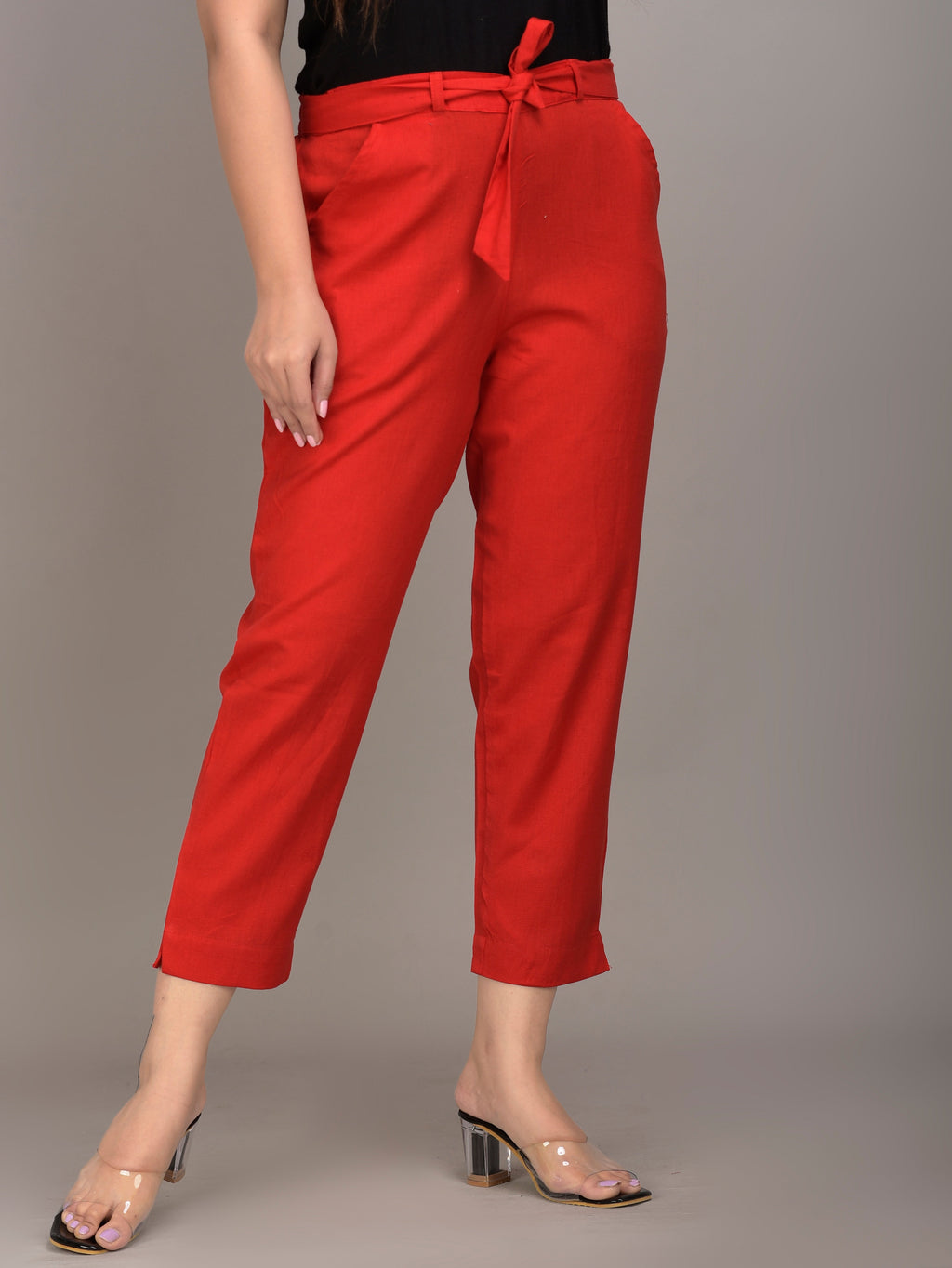 Women Regular Fit Red Cotton Blend Trousers