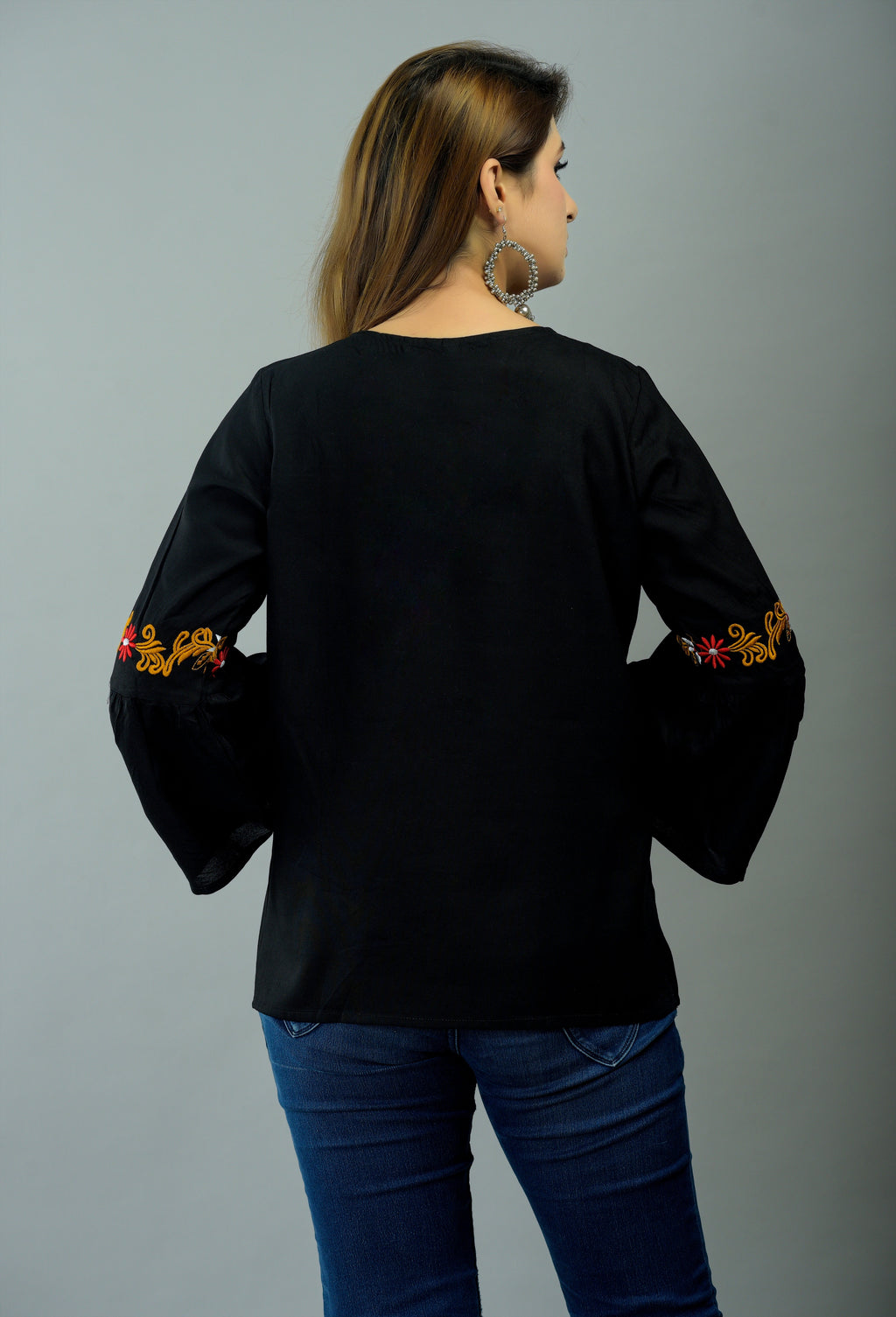 Casual Bell Sleeves Embroidered Women Black Top