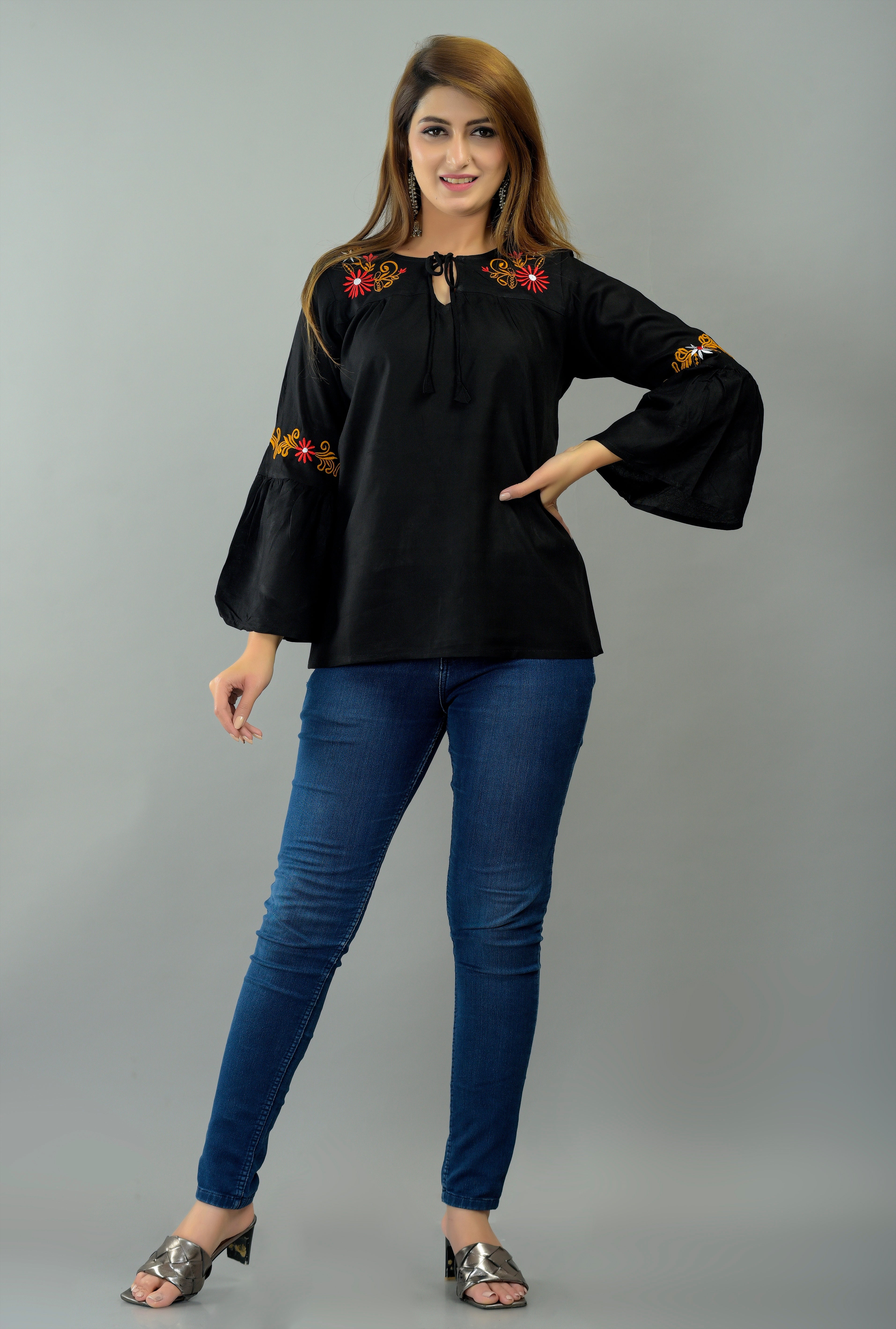 Casual Bell Sleeves Embroidered Women Black Top