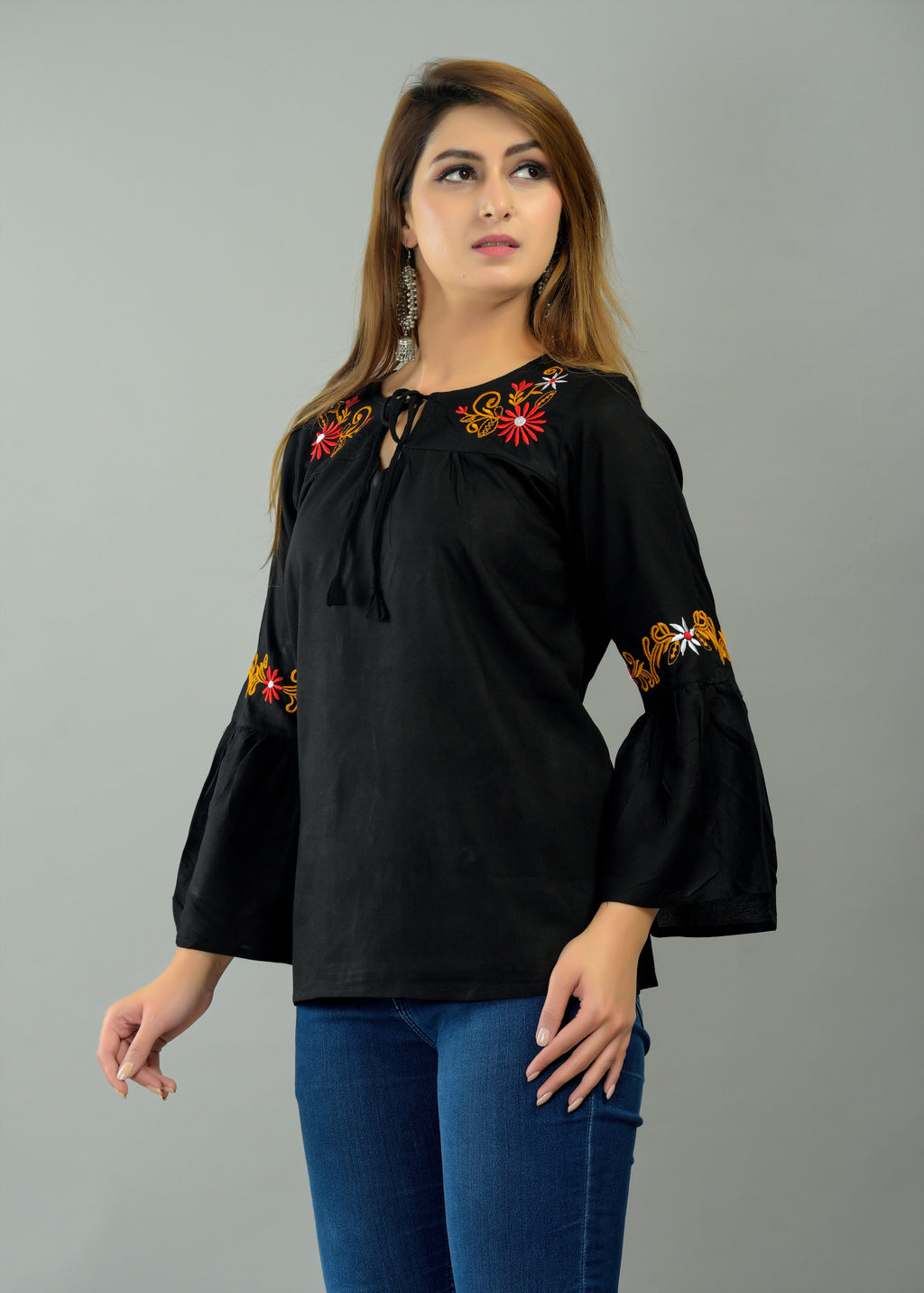 Casual Bell Sleeves Embroidered Women Black Top