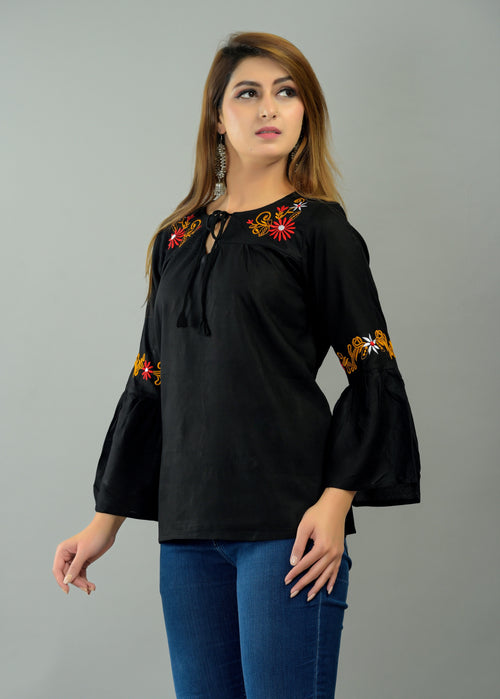 Casual Bell Sleeves Embroidered Women Black Top