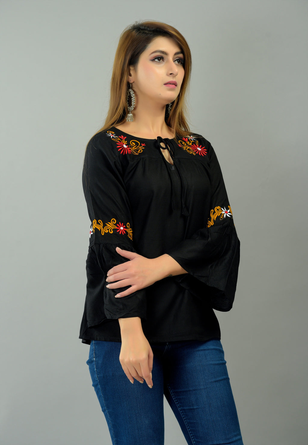 Casual Bell Sleeves Embroidered Women Black Top