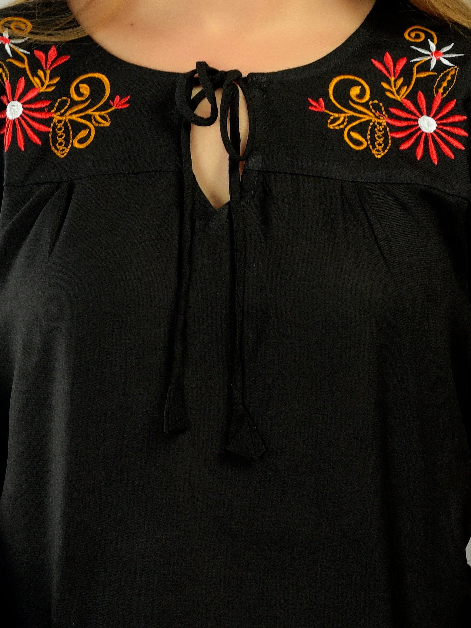 Casual Bell Sleeves Embroidered Women Black Top
