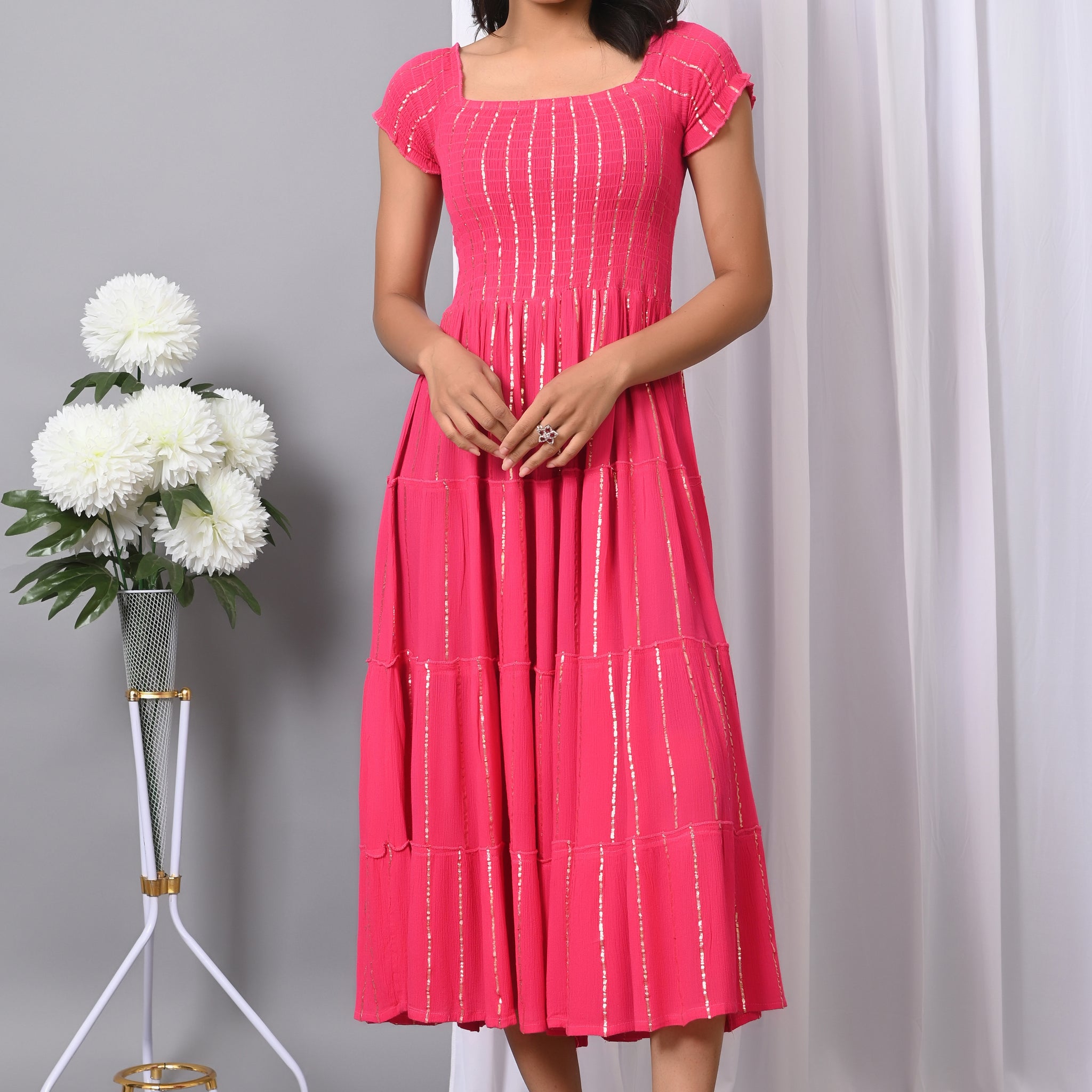 IQRAAR Women Rayon Square Neck Fit & Flared Western Wear Dress