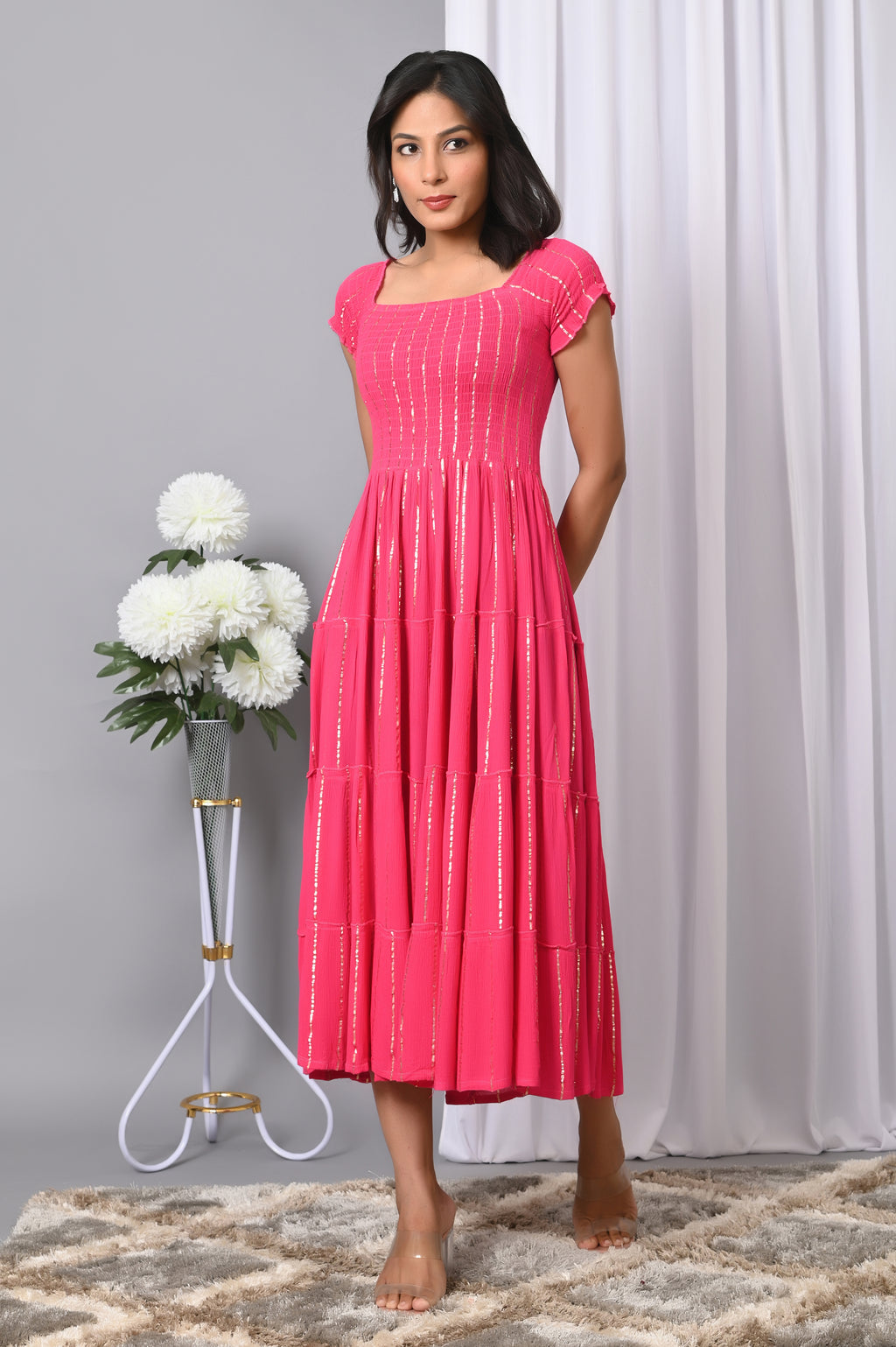IQRAAR Women Rayon Square Neck Fit & Flared Western Wear Dress