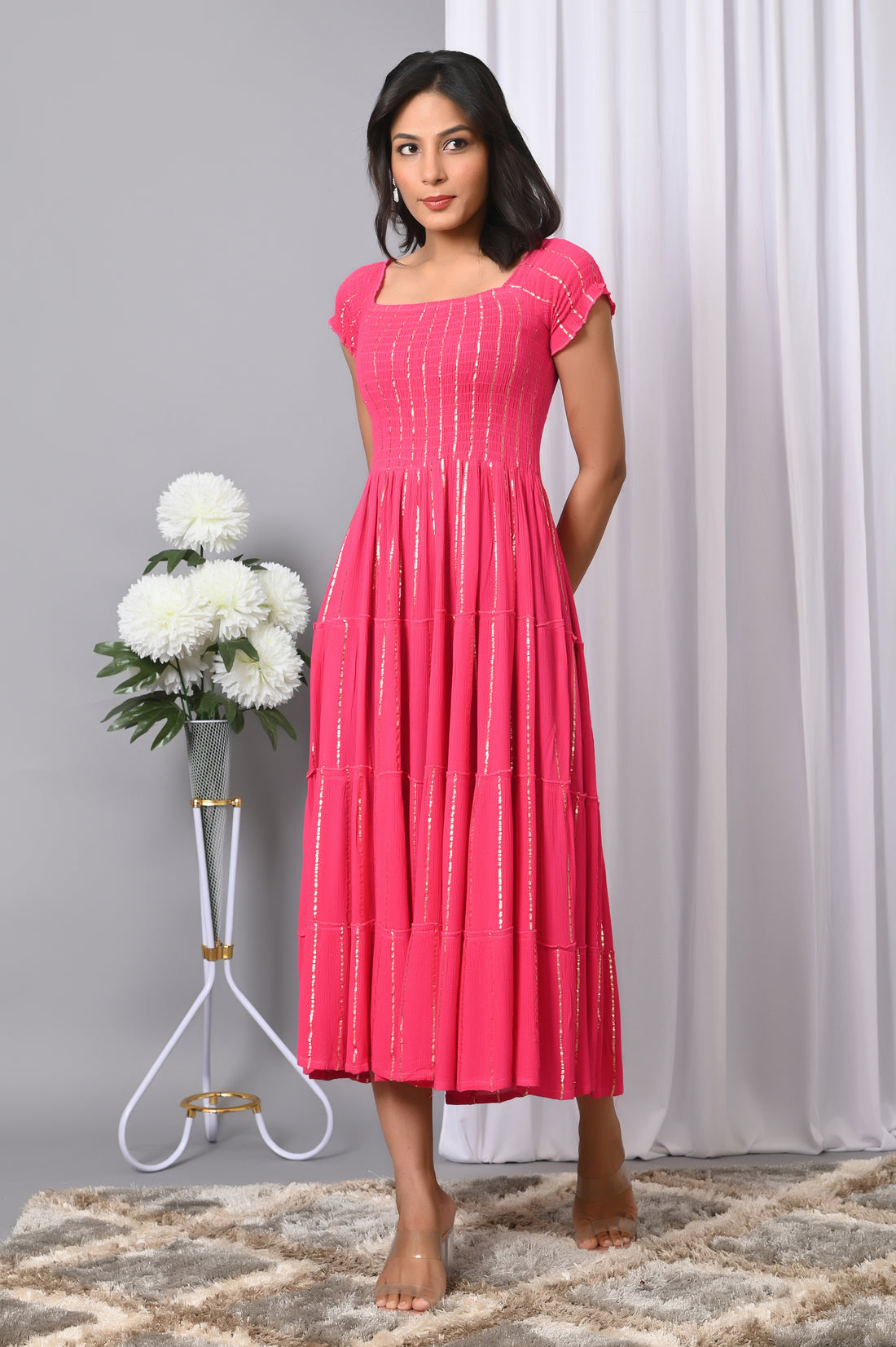 IQRAAR Women Rayon Square Neck Fit & Flared Western Wear Dress