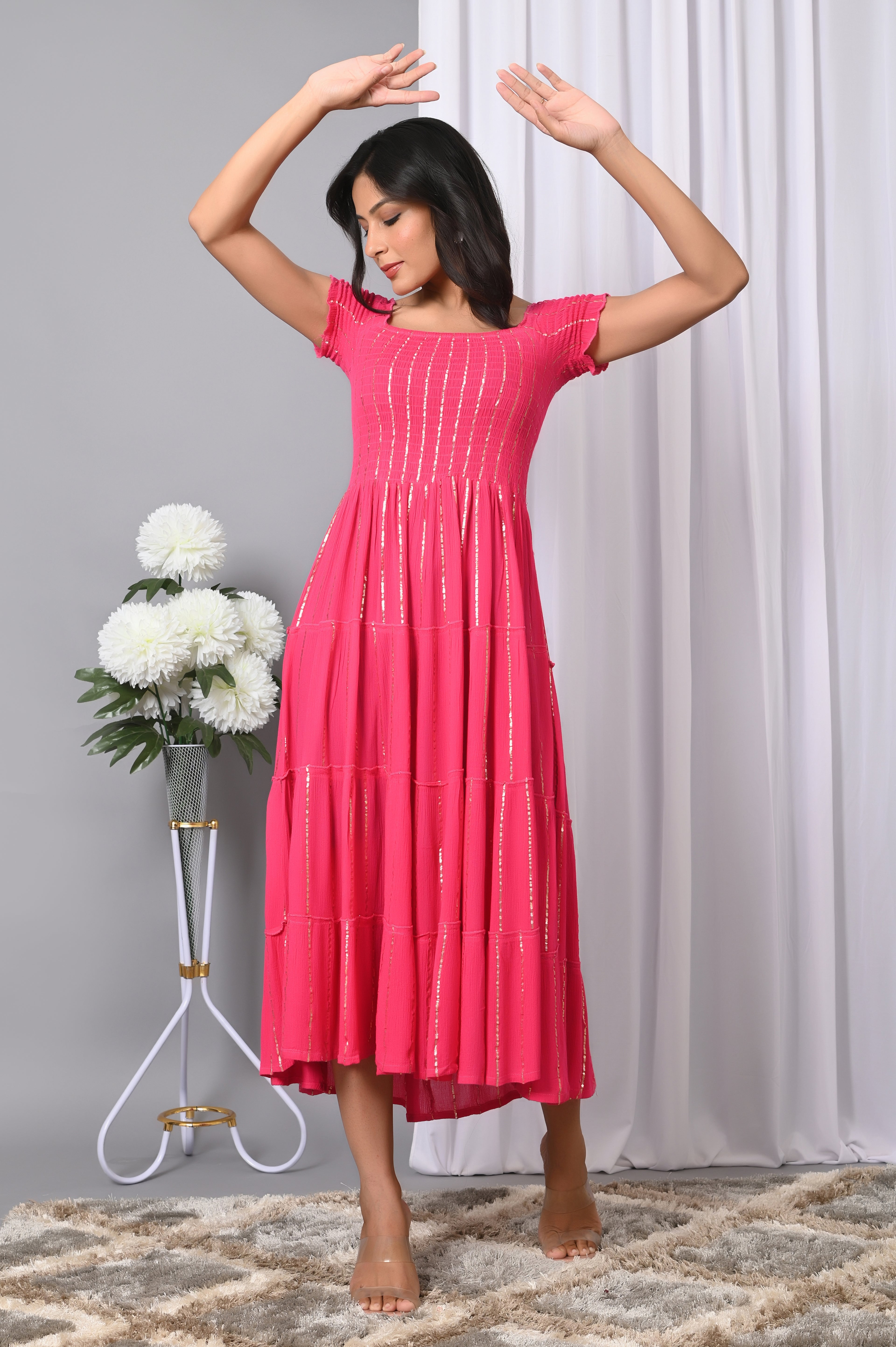 IQRAAR Women Rayon Square Neck Fit & Flared Western Wear Dress