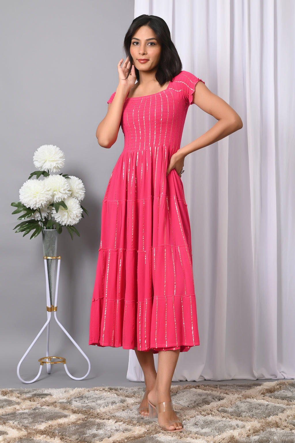 IQRAAR Women Rayon Square Neck Fit & Flared Western Wear Dress