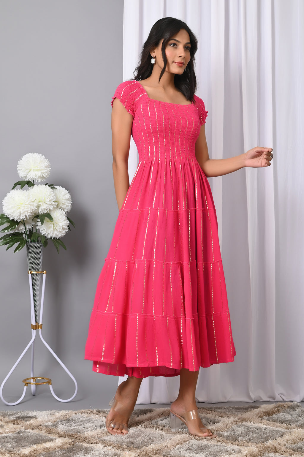 IQRAAR Women Rayon Square Neck Fit & Flared Western Wear Dress