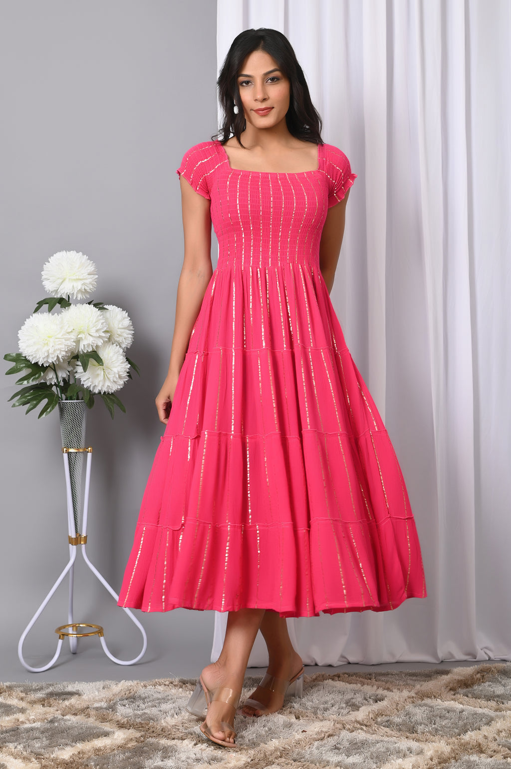 IQRAAR Women Rayon Square Neck Fit & Flared Western Wear Dress