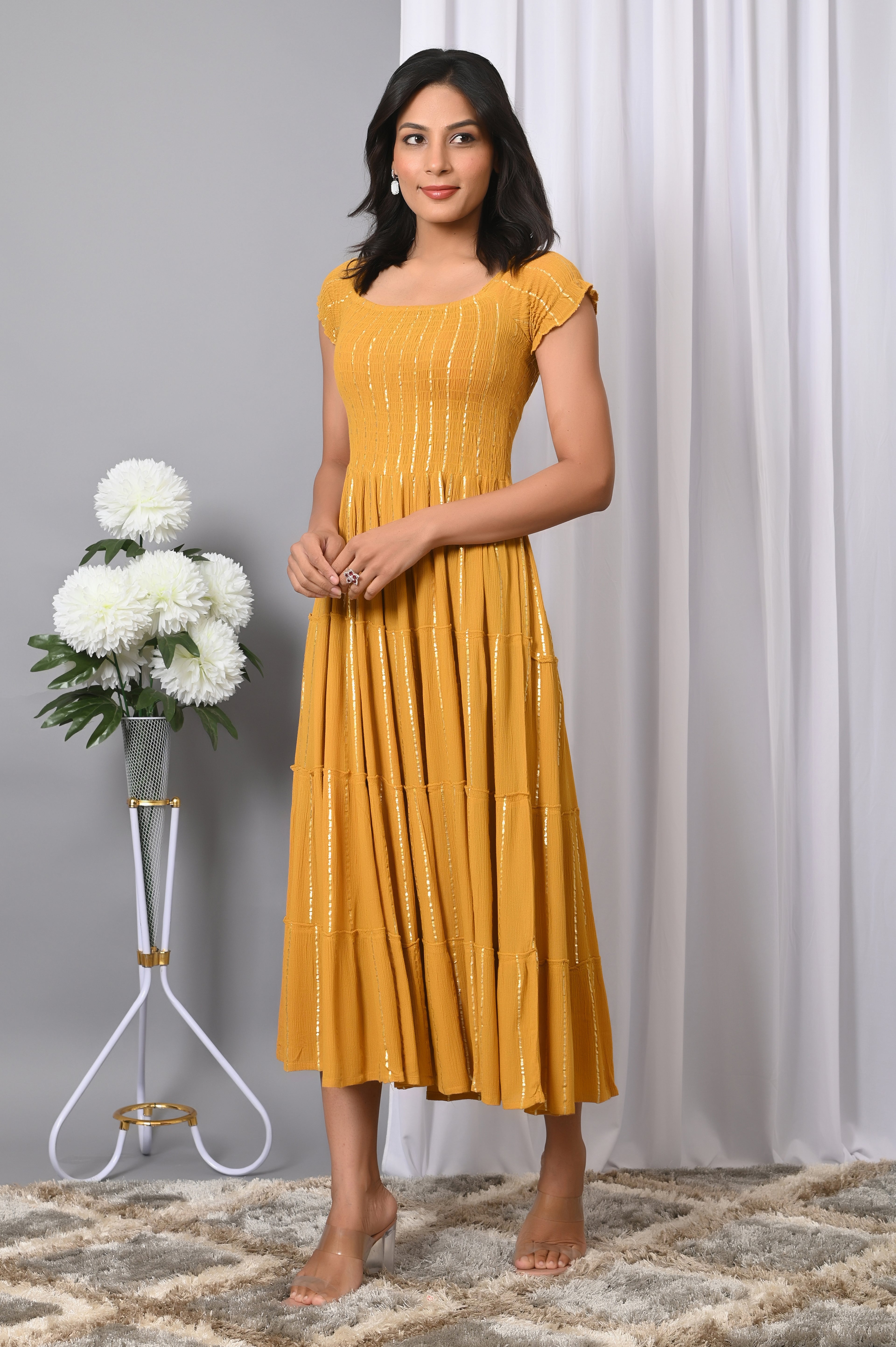 IQRAAR Women Rayon Square Neck Fit & Flared Western Wear Dress