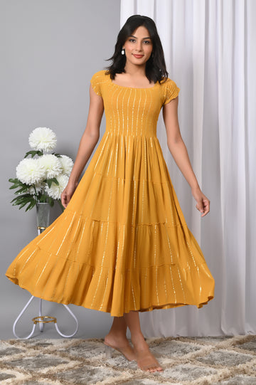 IQRAAR Women Rayon Square Neck Fit & Flared Western Wear Dress