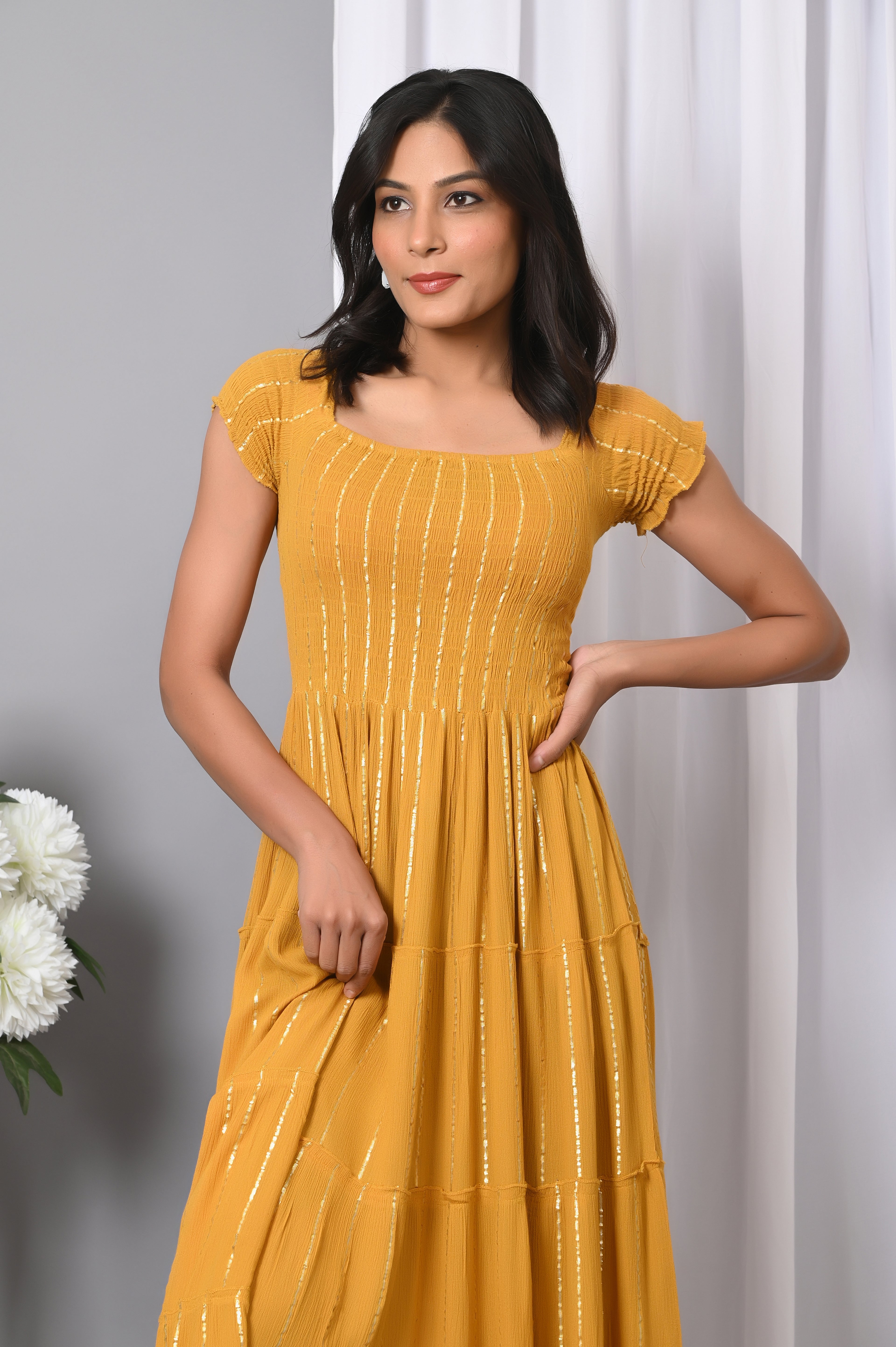 IQRAAR Women Rayon Square Neck Fit & Flared Western Wear Dress