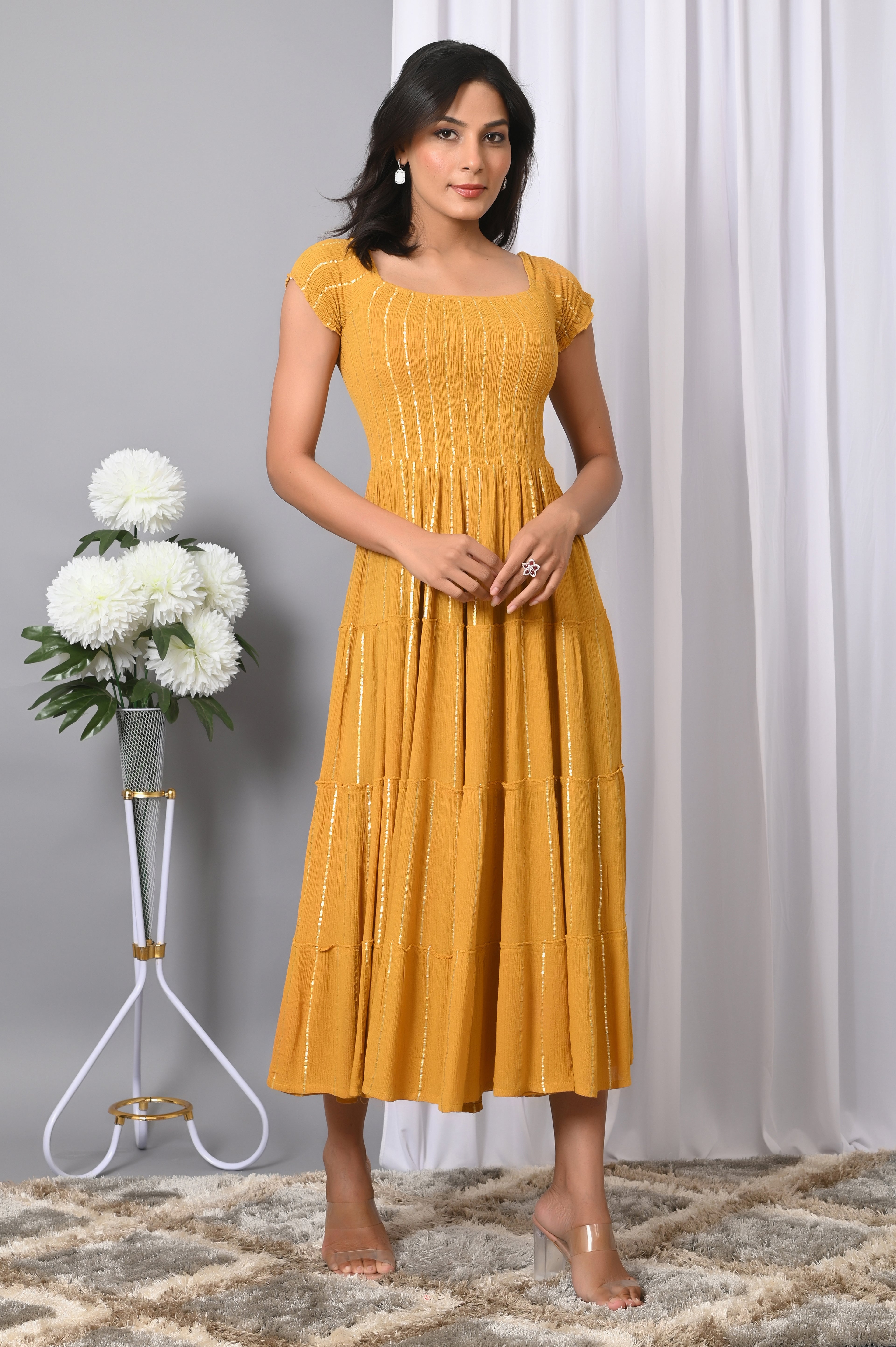 IQRAAR Women Rayon Square Neck Fit & Flared Western Wear Dress