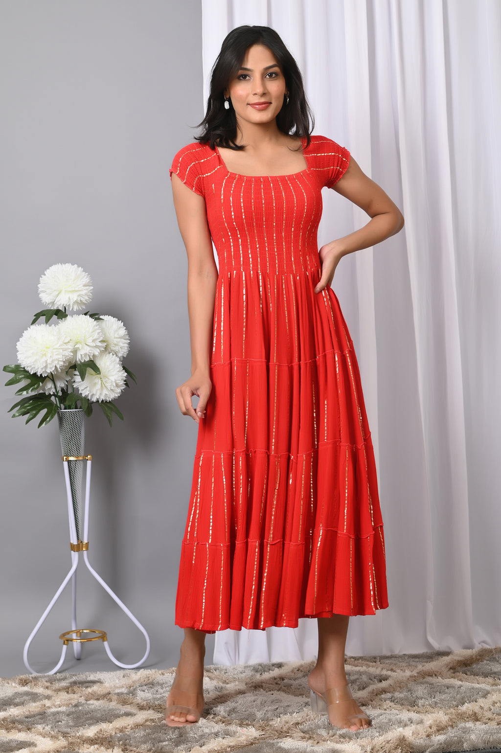 IQRAAR Women Rayon Square Neck Fit & Flared Western Wear Dress
