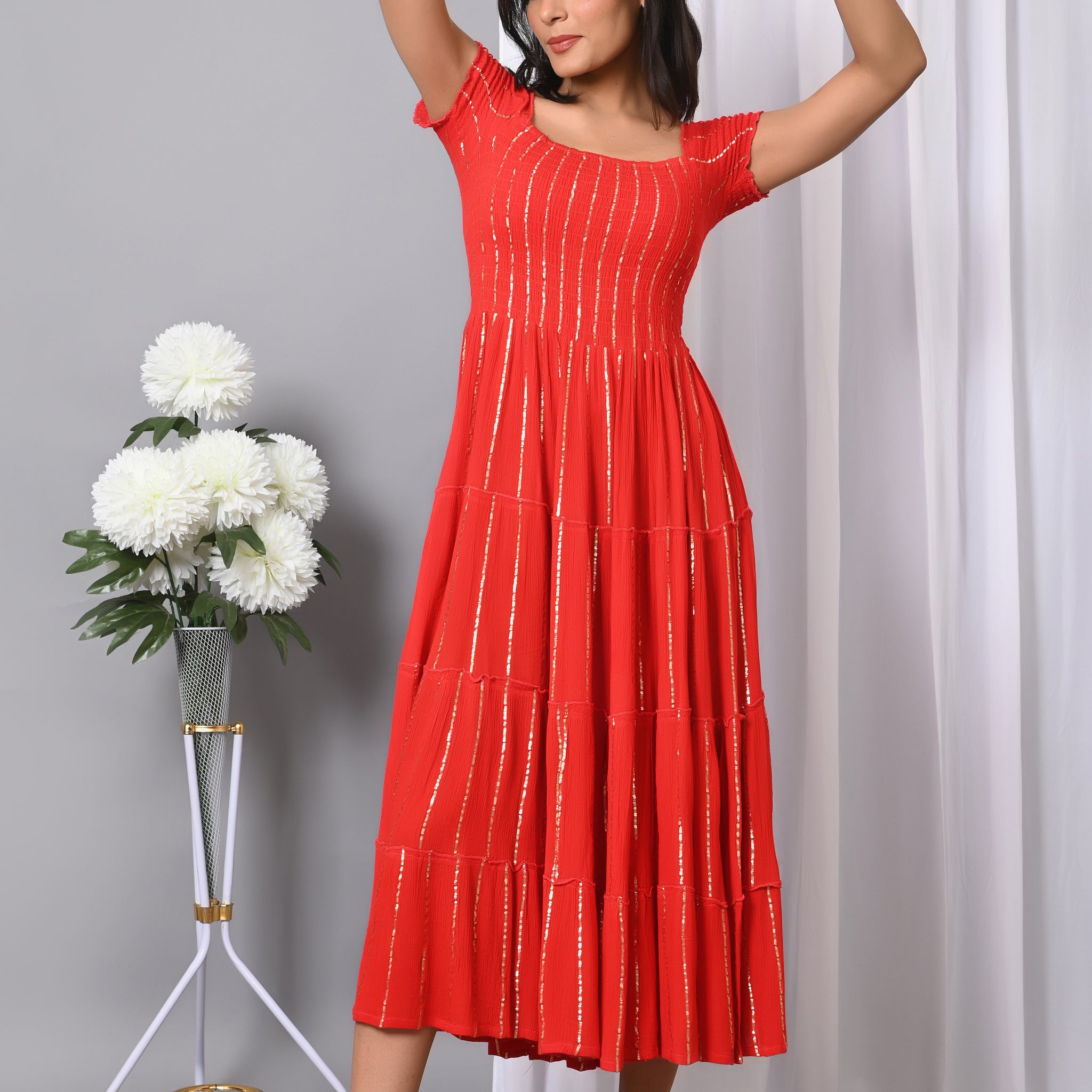 IQRAAR Women Rayon Square Neck Fit & Flared Western Wear Dress