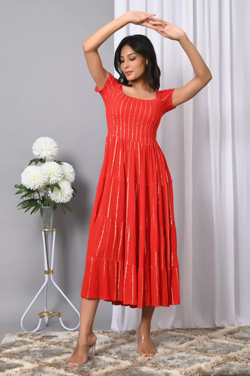 IQRAAR Women Rayon Square Neck Fit & Flared Western Wear Dress