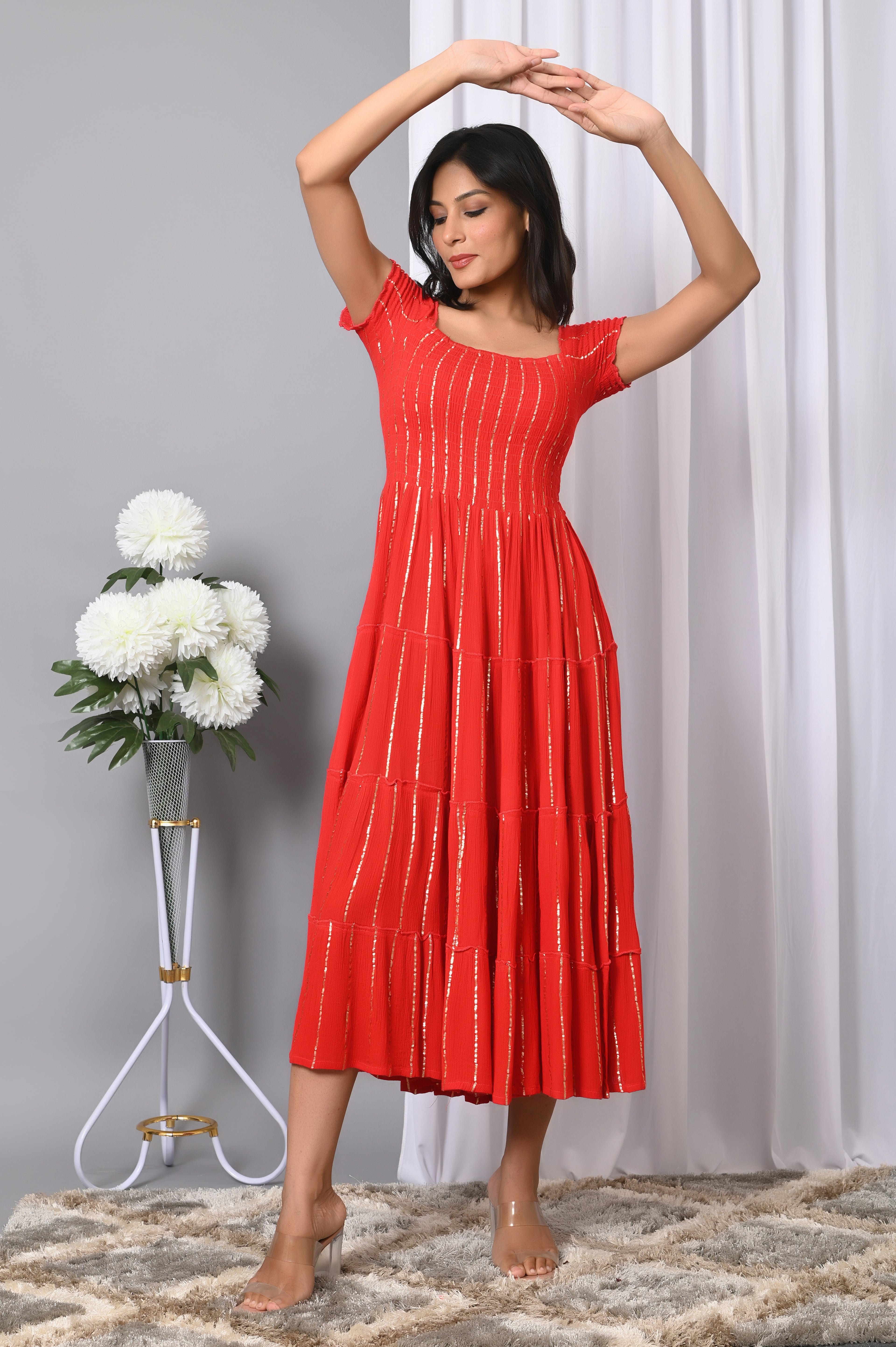 IQRAAR Women Rayon Square Neck Fit & Flared Western Wear Dress
