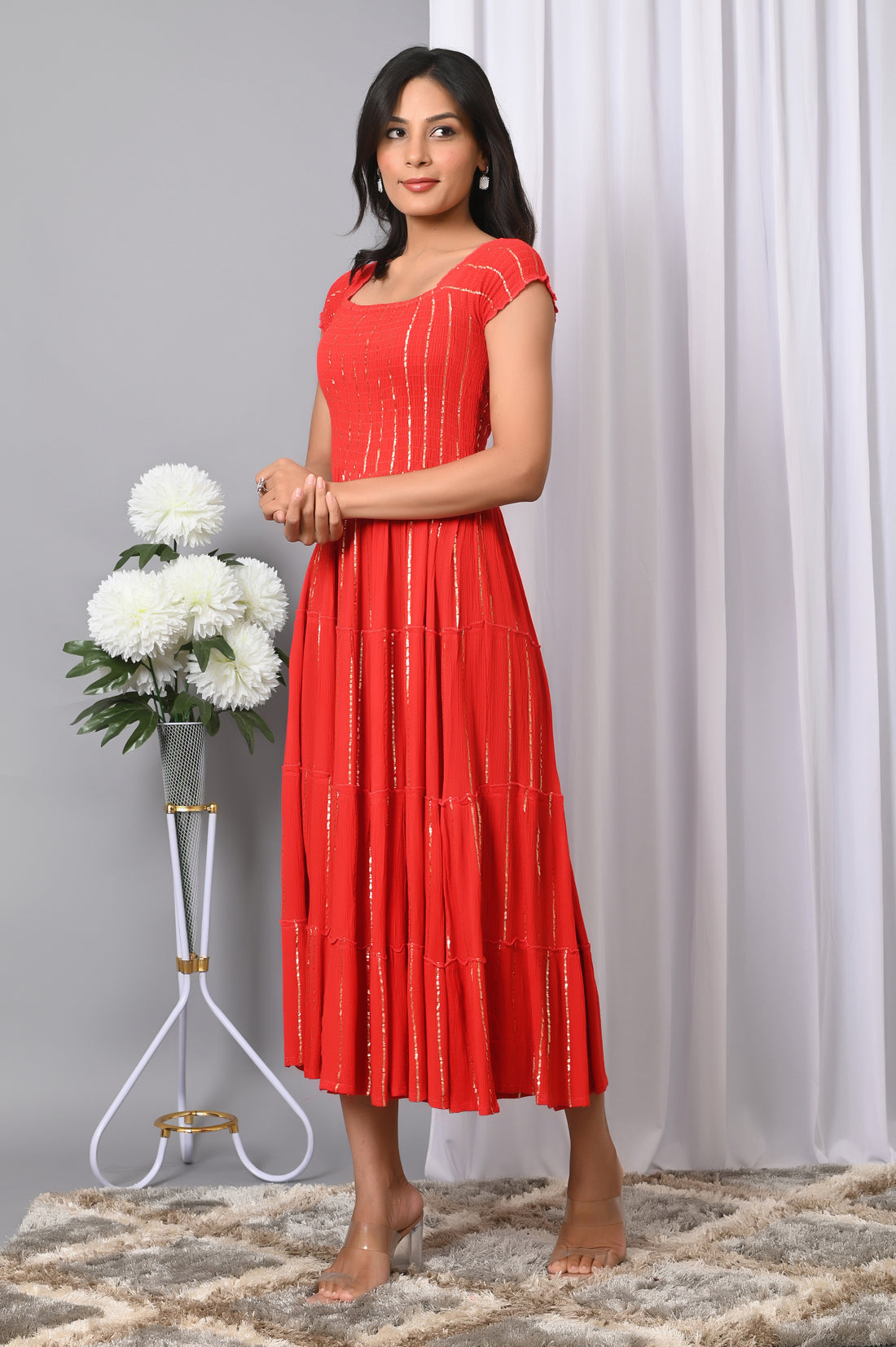 IQRAAR Women Rayon Square Neck Fit & Flared Western Wear Dress