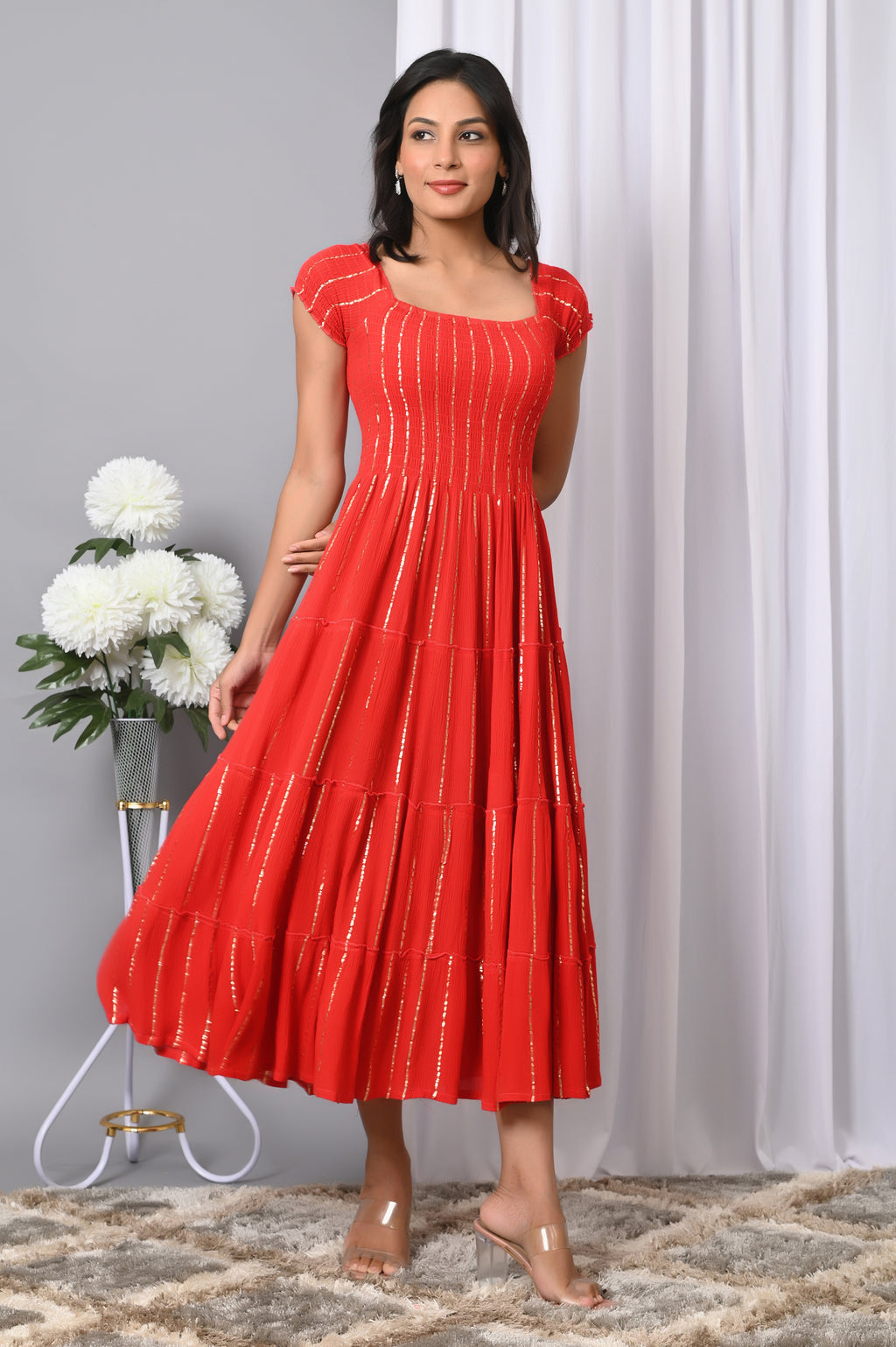 IQRAAR Women Rayon Square Neck Fit & Flared Western Wear Dress