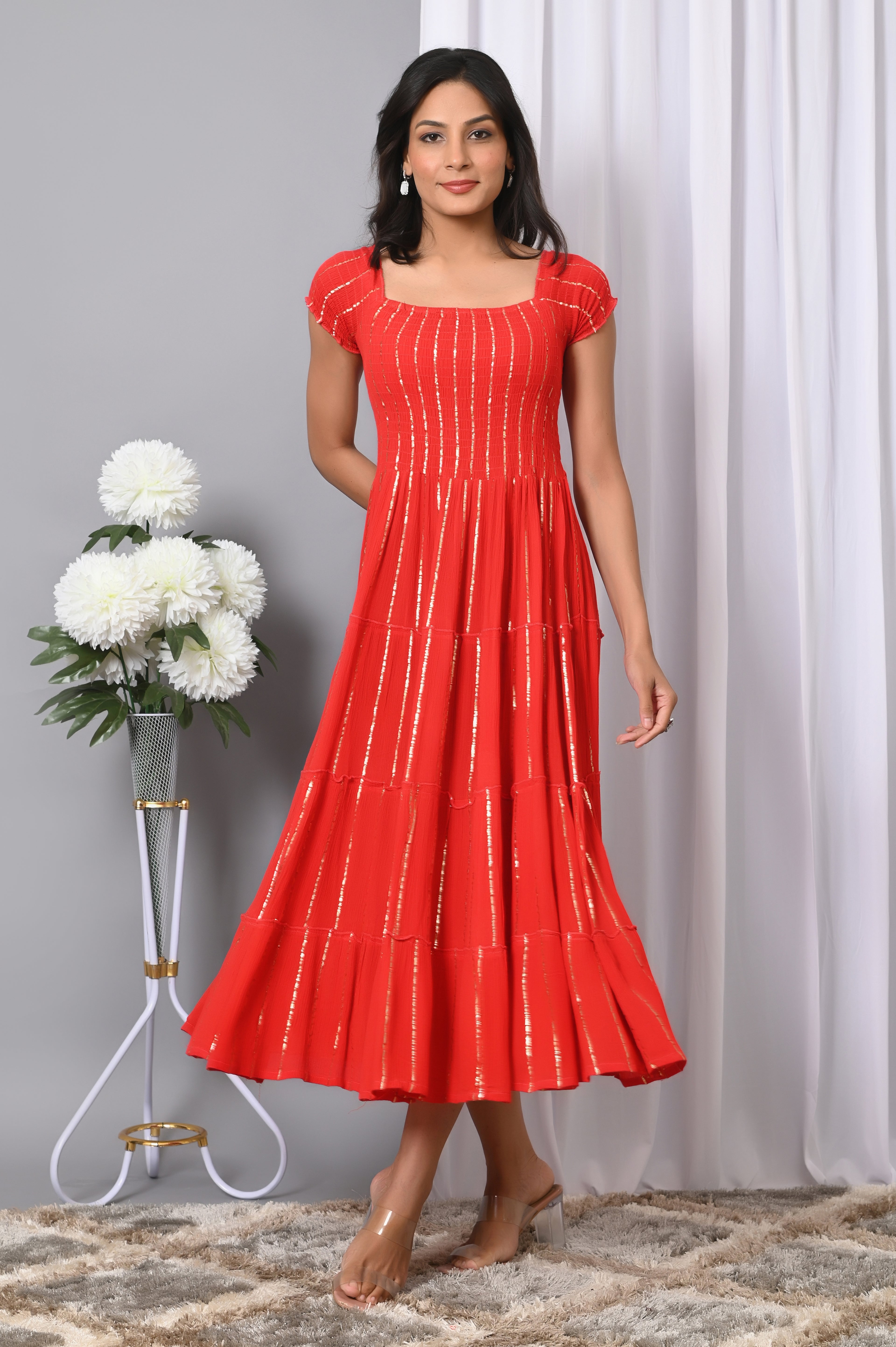IQRAAR Women Rayon Square Neck Fit & Flared Western Wear Dress