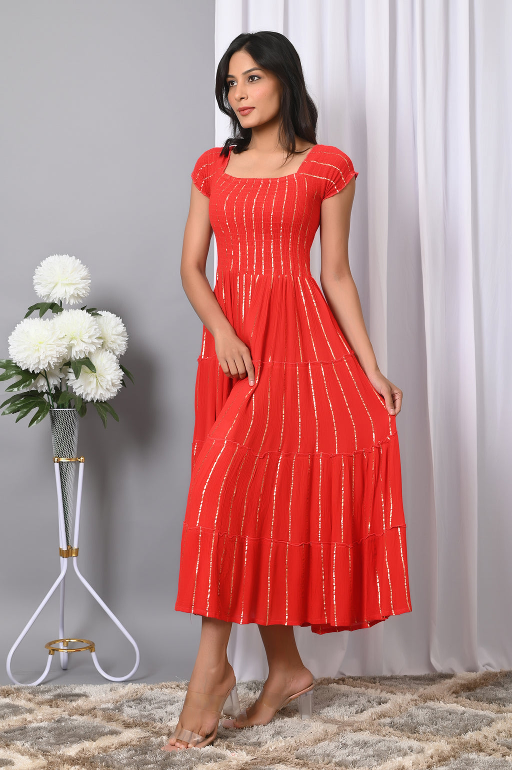 IQRAAR Women Rayon Square Neck Fit & Flared Western Wear Dress