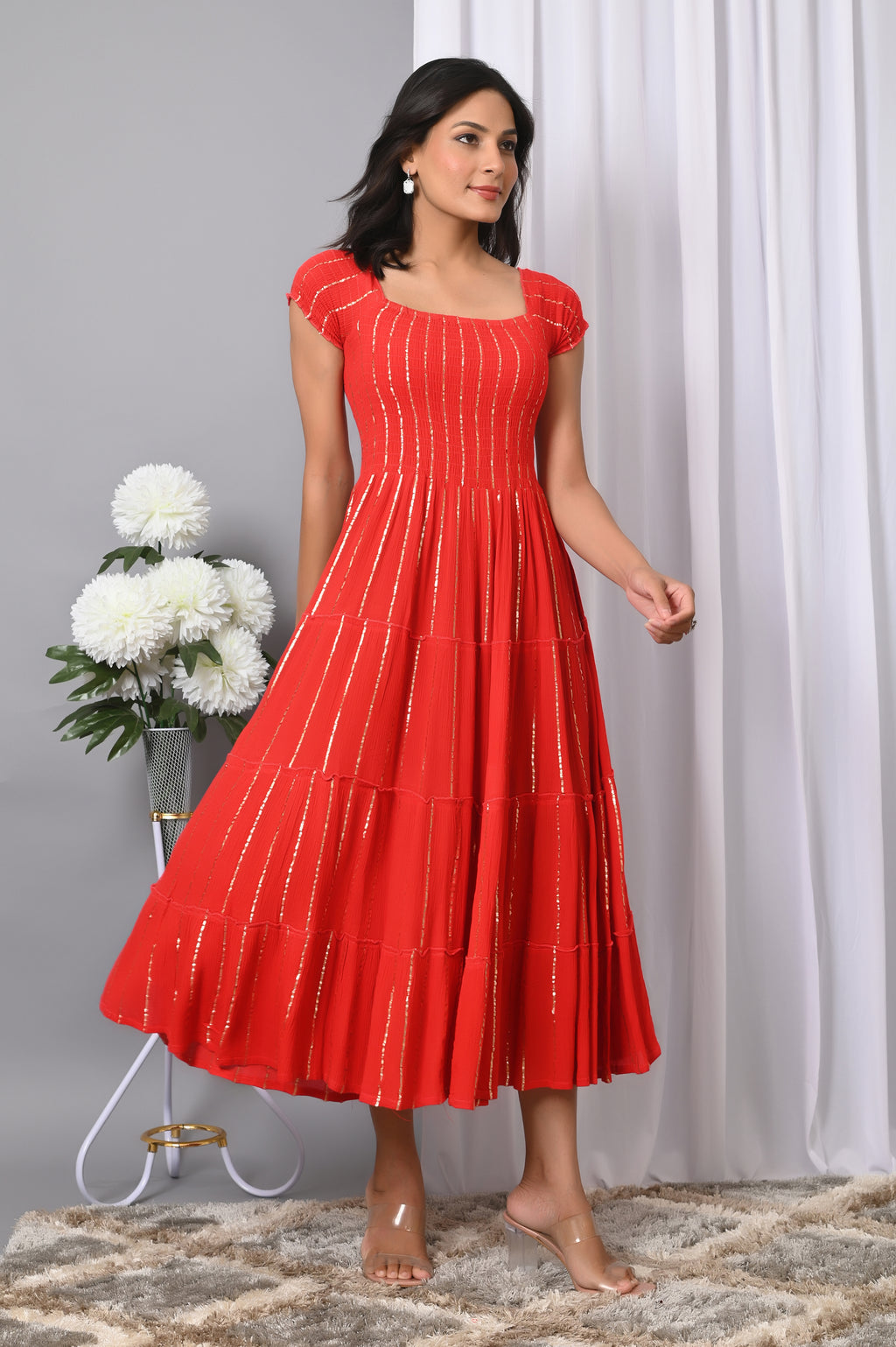 IQRAAR Women Rayon Square Neck Fit & Flared Western Wear Dress