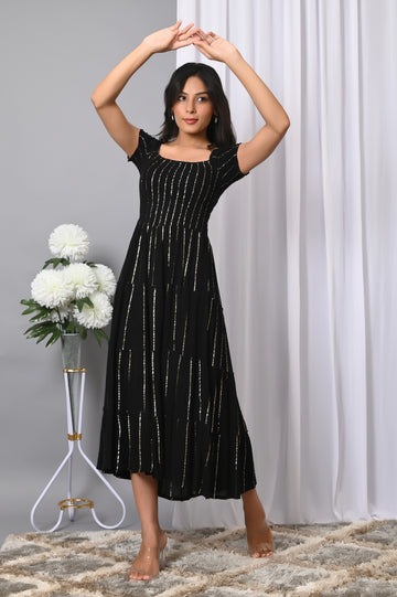 VYMO Women Rayon Square Neck Fit & Flared Western Wear Dress