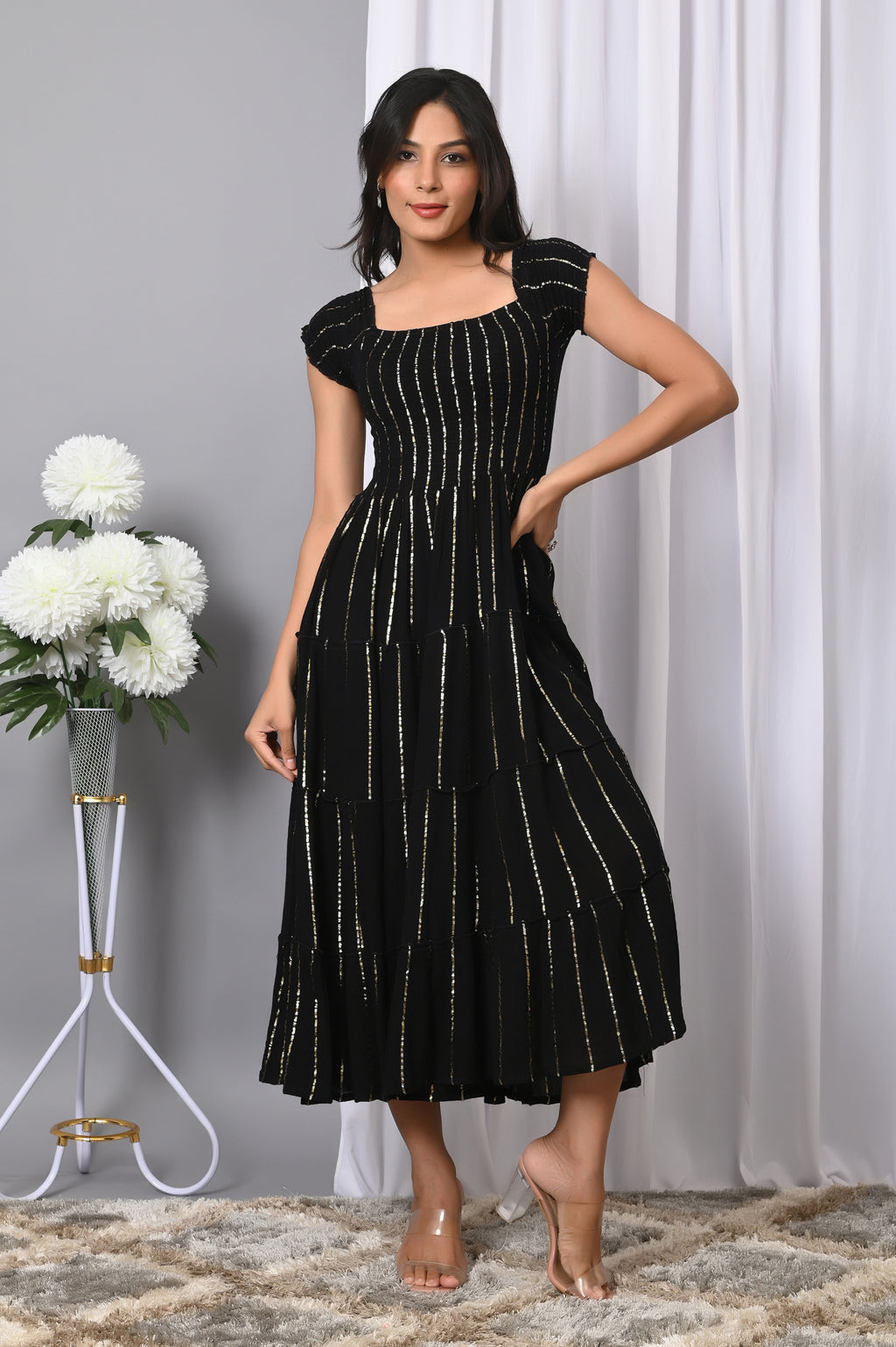 VYMO Women Rayon Square Neck Fit & Flared Western Wear Dress