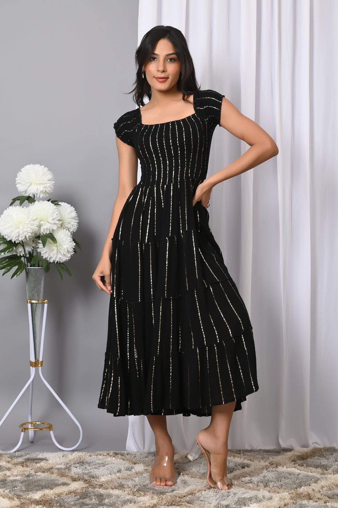 VYMO Women Rayon Square Neck Fit & Flared Western Wear Dress