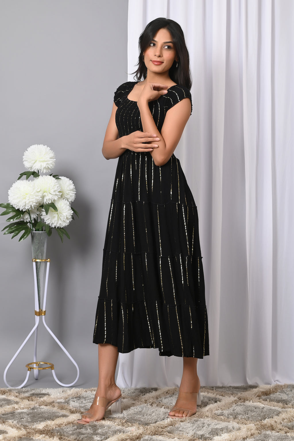 VYMO Women Rayon Square Neck Fit & Flared Western Wear Dress