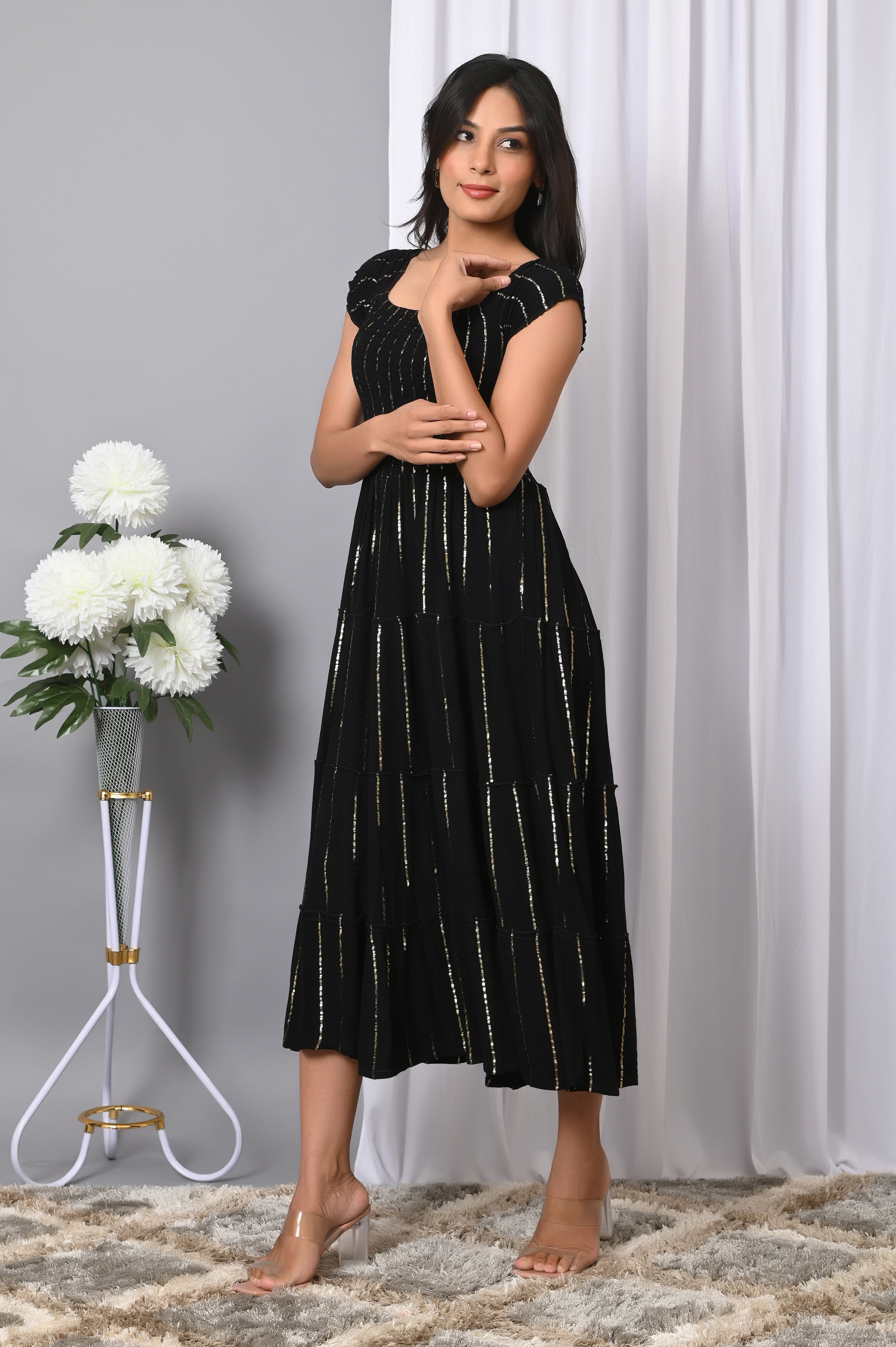 VYMO Women Rayon Square Neck Fit & Flared Western Wear Dress