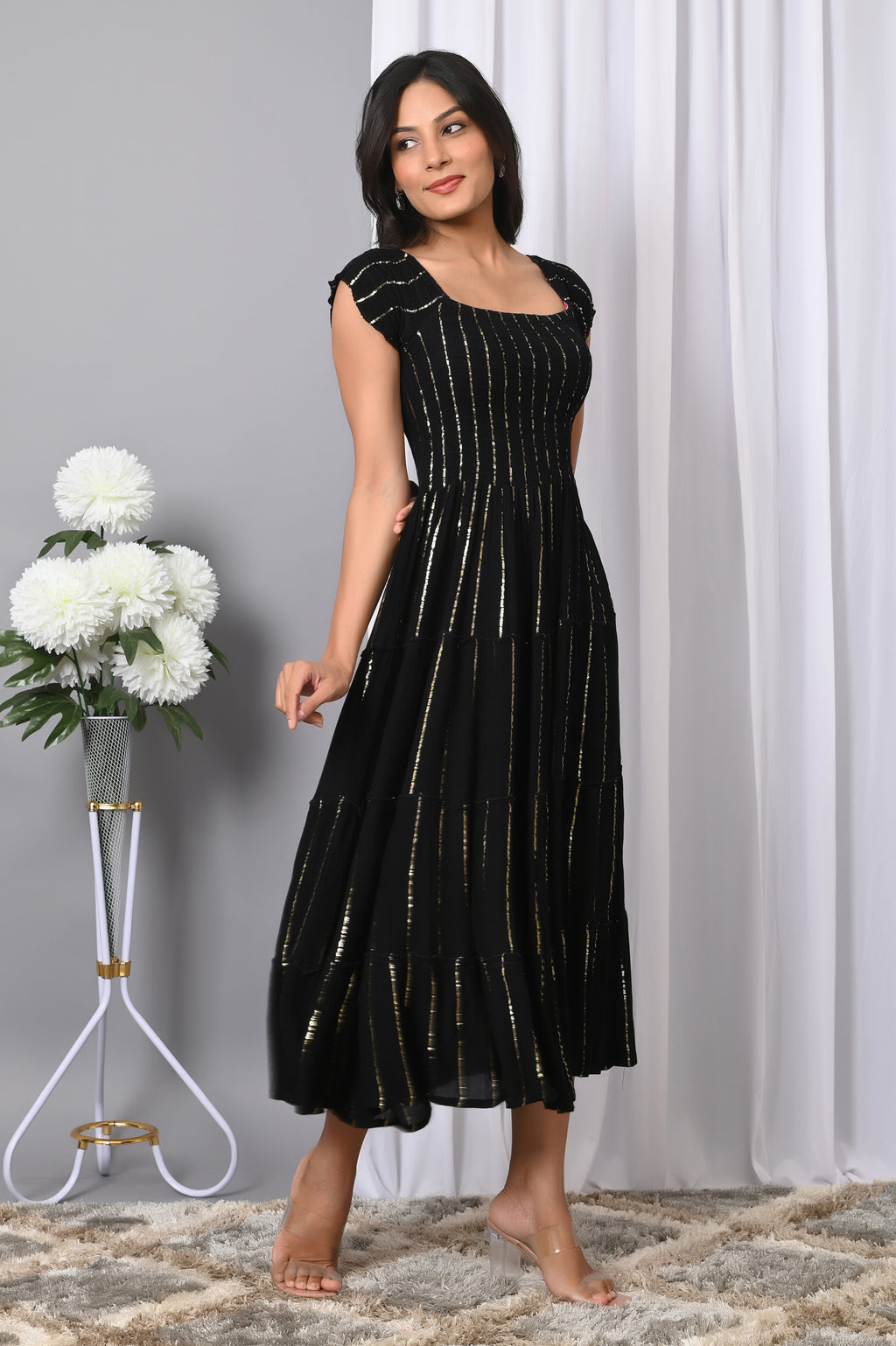 VYMO Women Rayon Square Neck Fit & Flared Western Wear Dress
