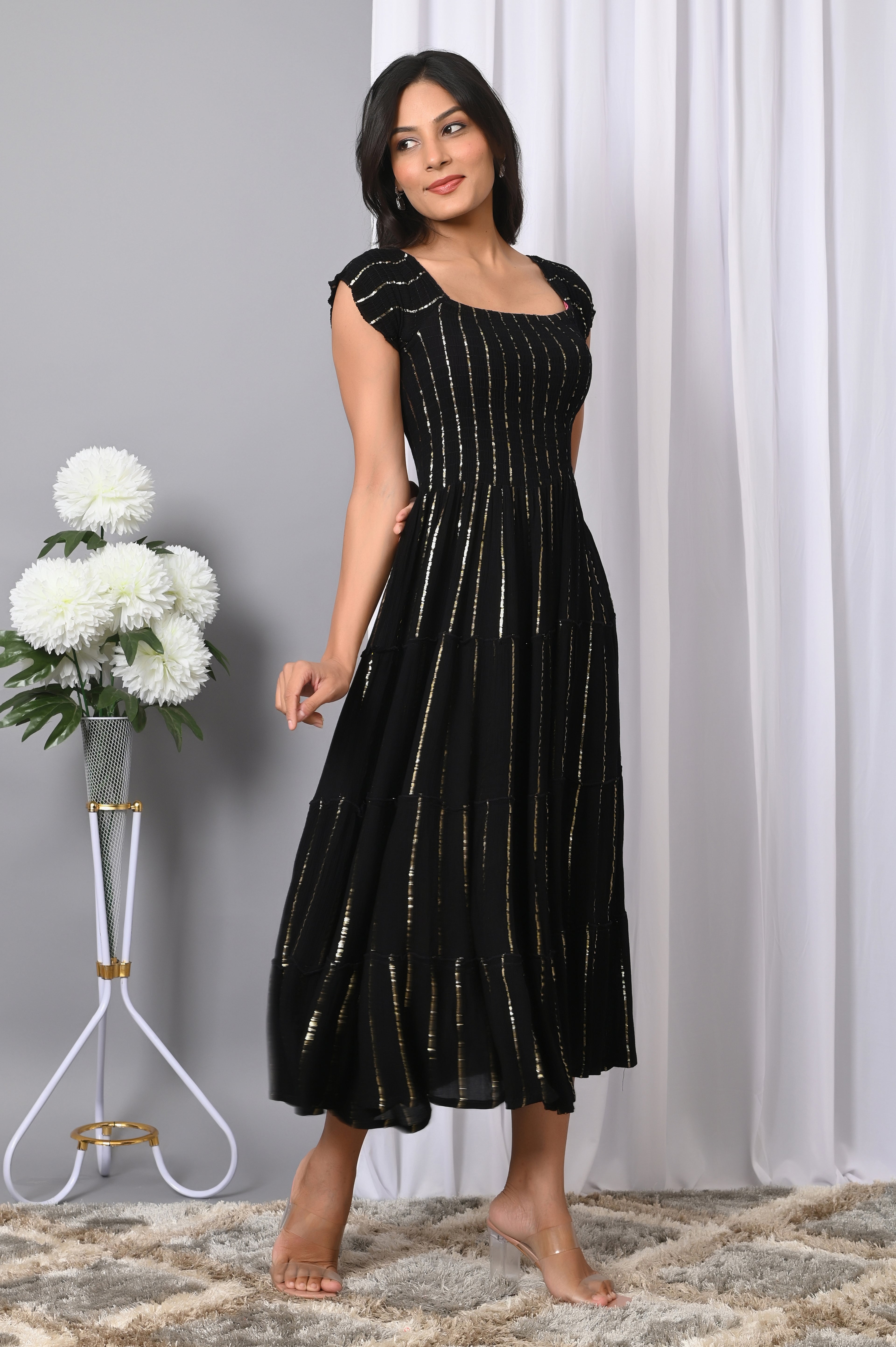 VYMO Women Rayon Square Neck Fit & Flared Western Wear Dress