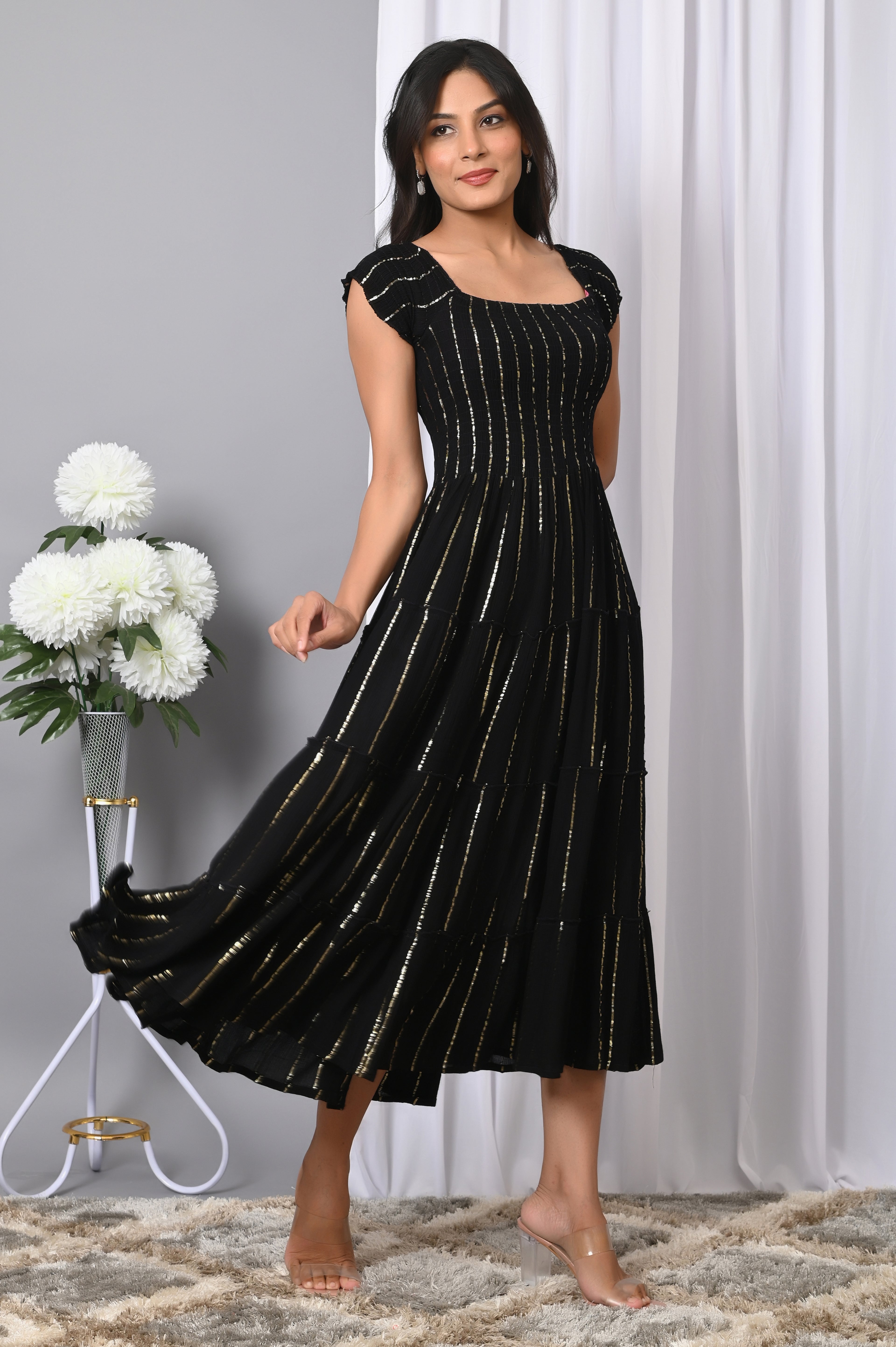 VYMO Women Rayon Square Neck Fit & Flared Western Wear Dress