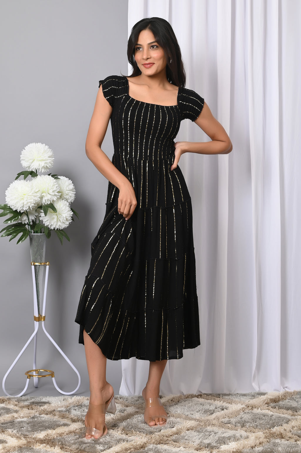 VYMO Women Rayon Square Neck Fit & Flared Western Wear Dress
