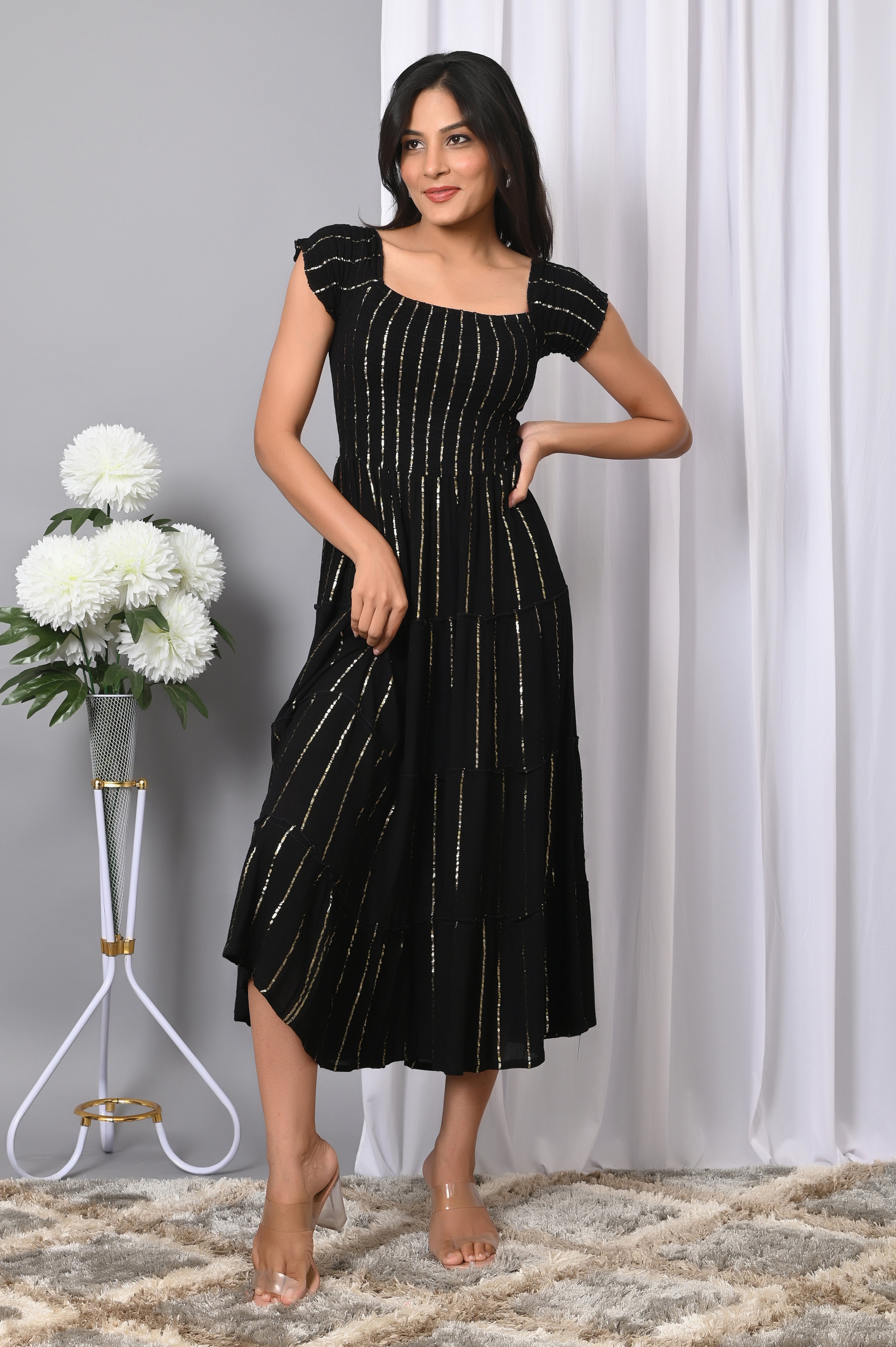 VYMO Women Rayon Square Neck Fit & Flared Western Wear Dress
