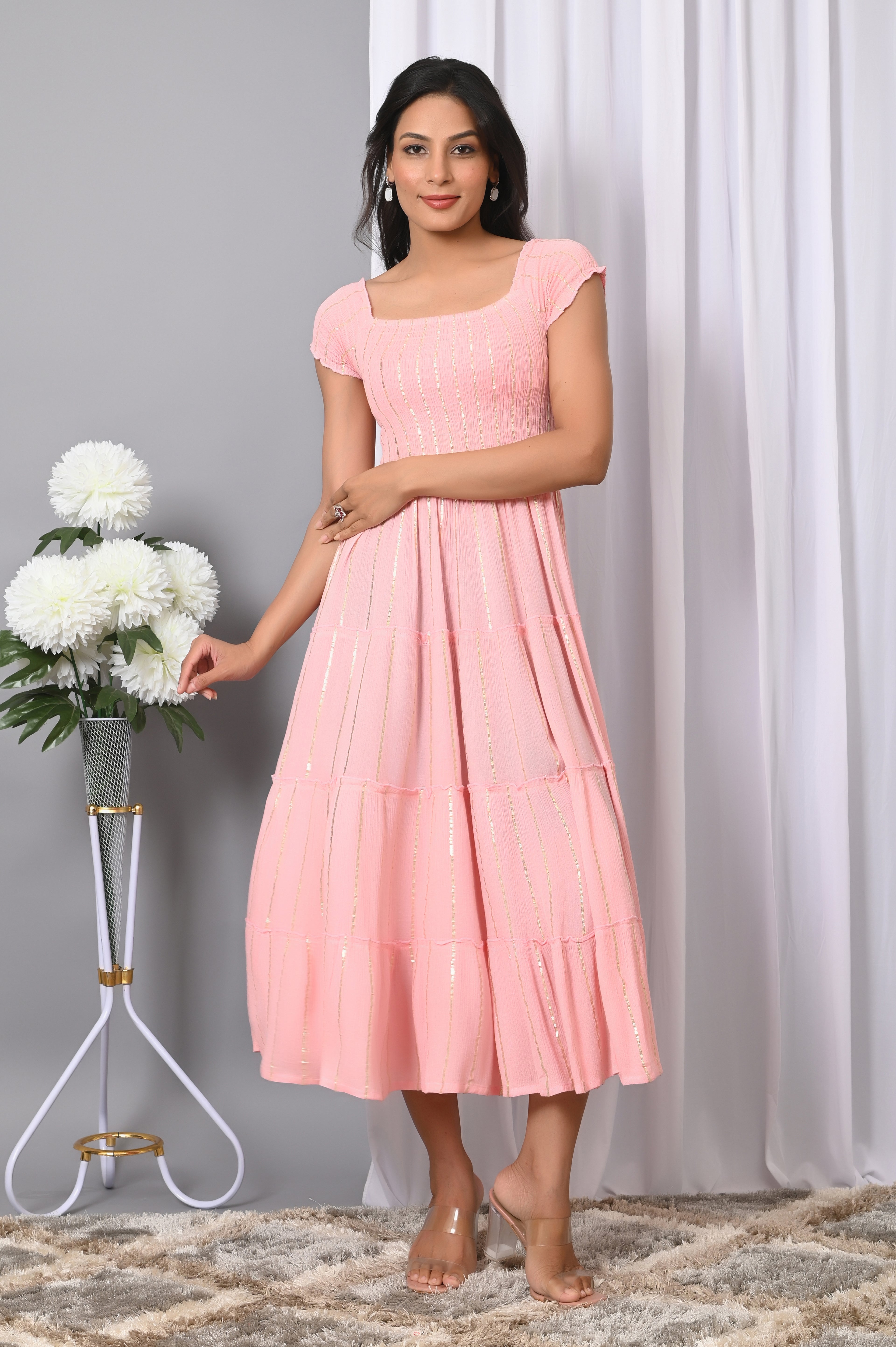 IQRAAR Women Rayon Square Neck Fit & Flared Western Wear Dress