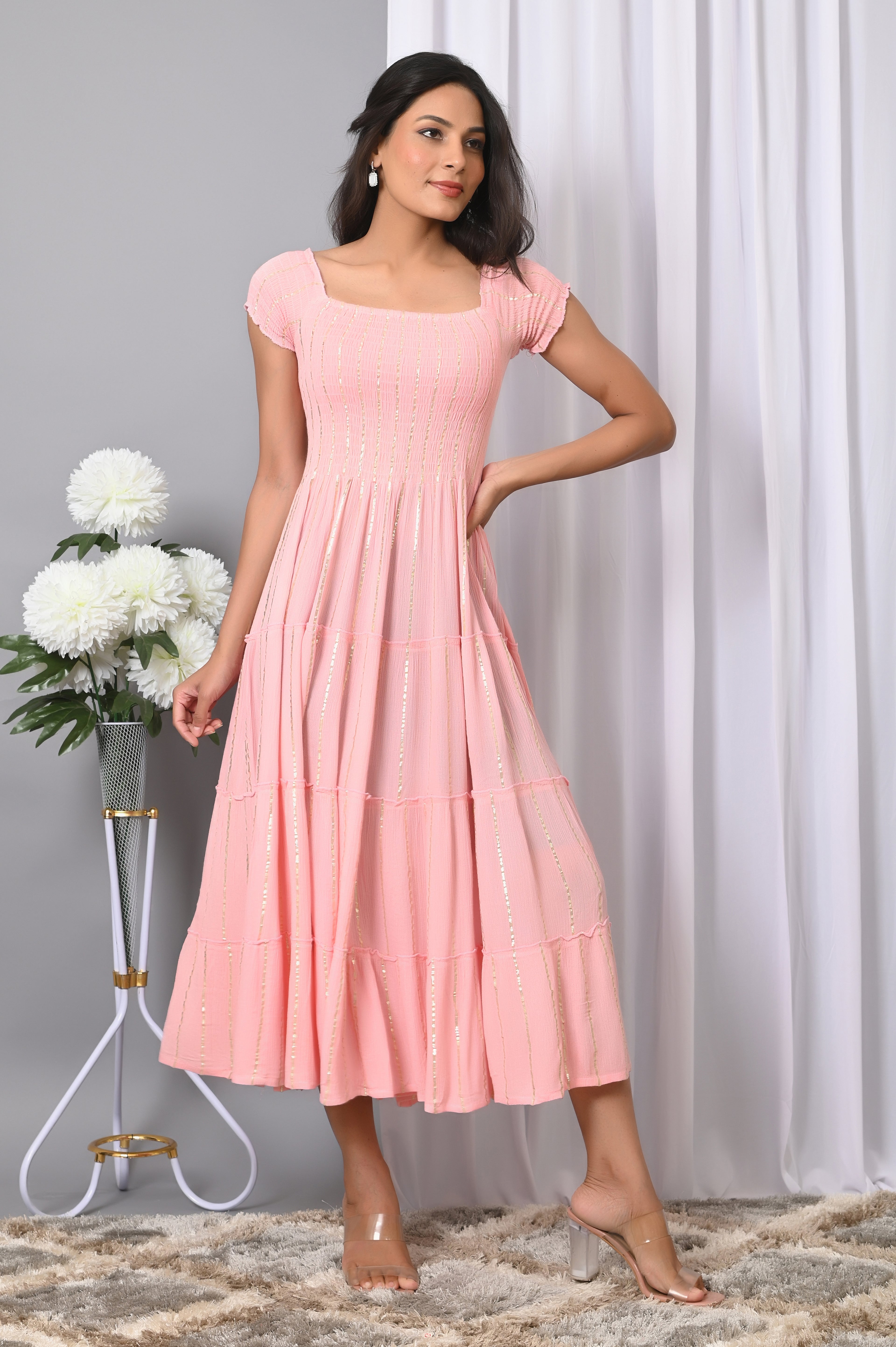 IQRAAR Women Rayon Square Neck Fit & Flared Western Wear Dress
