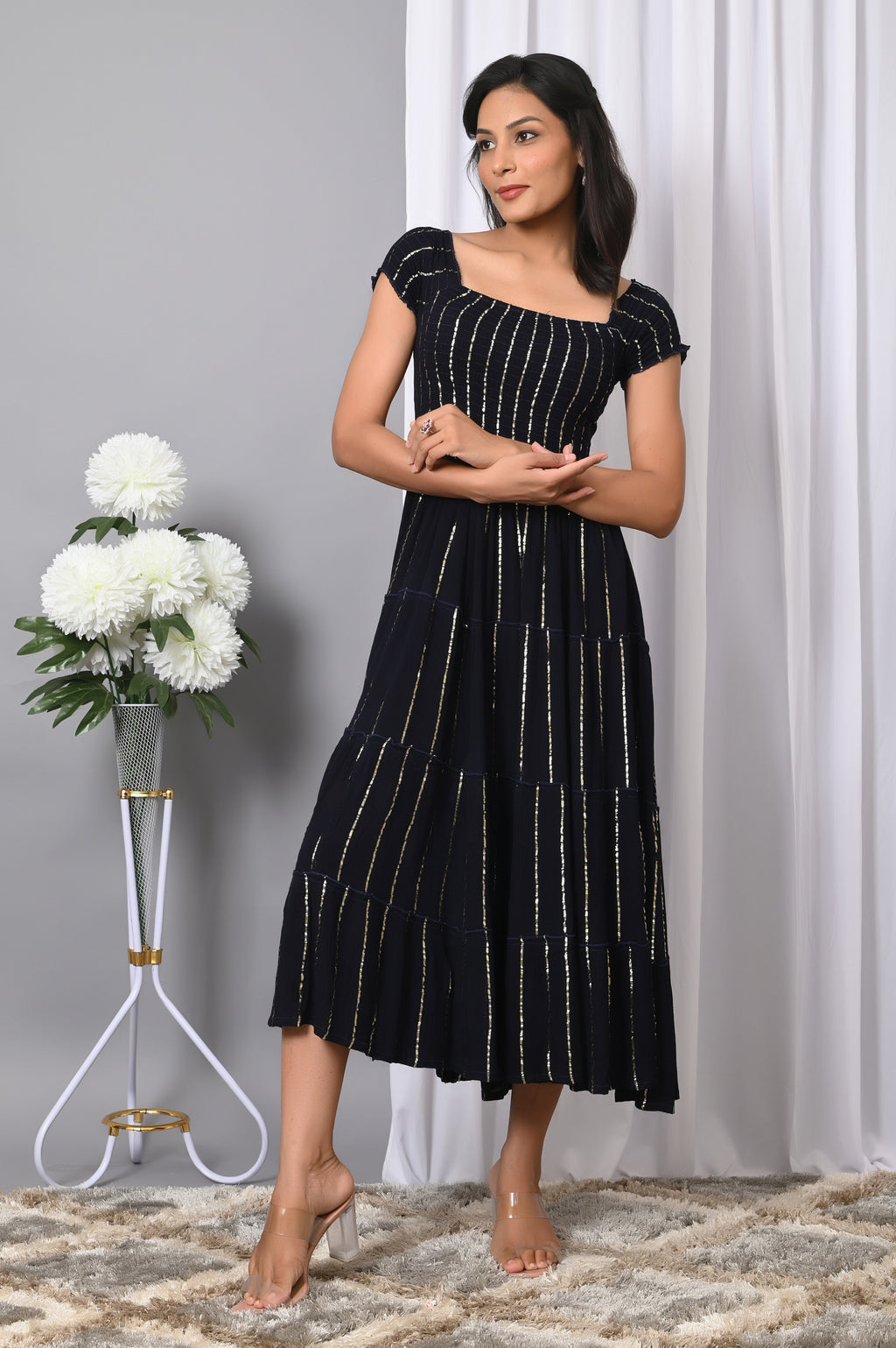 IQRAAR Women Rayon Square Neck Fit & Flared Western Wear Dress