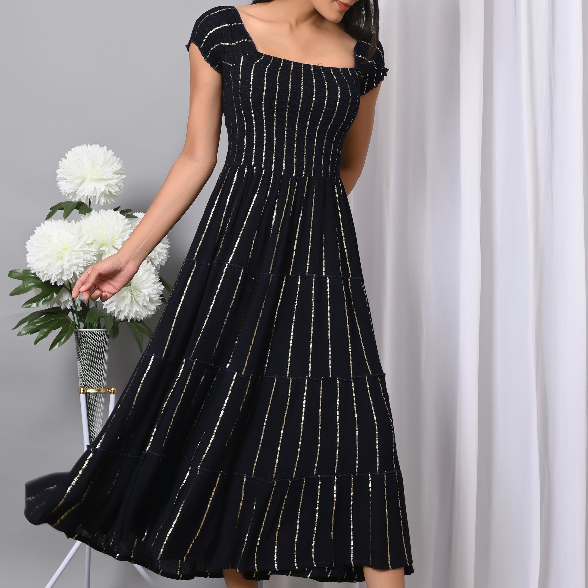 IQRAAR Women Rayon Square Neck Fit & Flared Western Wear Dress