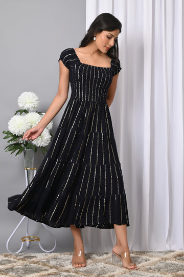 IQRAAR Women Rayon Square Neck Fit & Flared Western Wear Dress